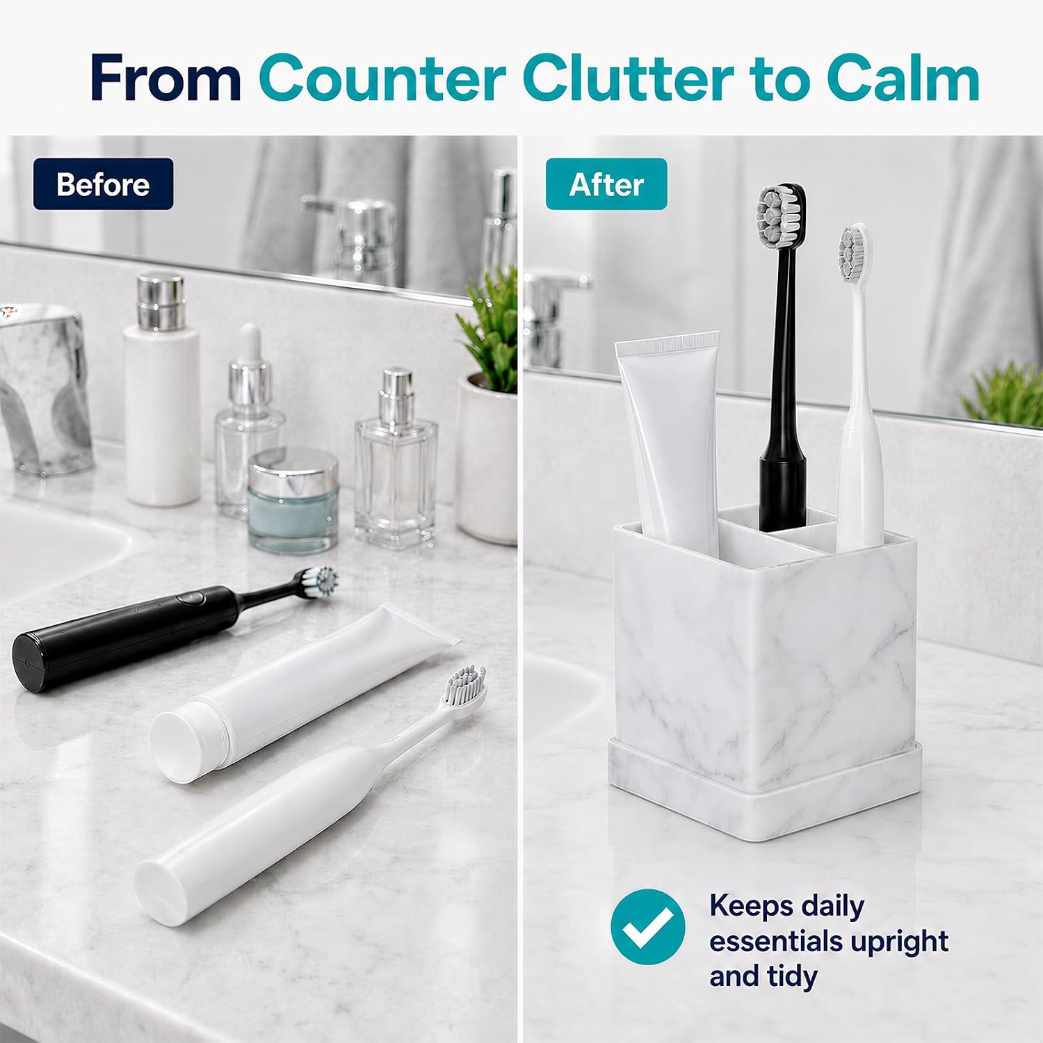 Silicone Toothbrush Holders for Bathrooms with Drainage Tray, White Marble