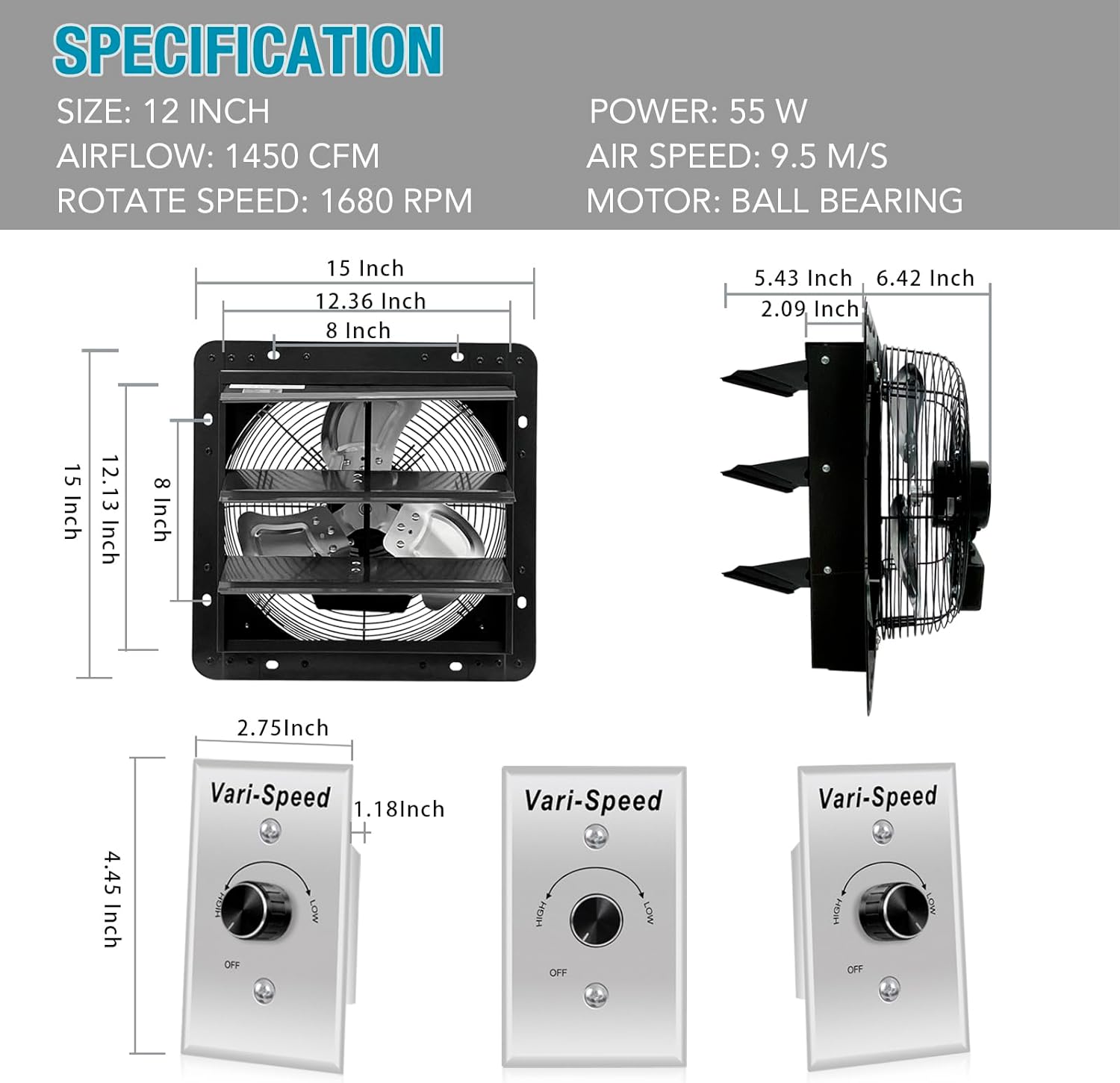 VENTISOL 12 Inch Wall Mounted Exhaust Shutter Fan with 165m Power Cord - Automatic Shutter - Vent Fan for Attic Shed Garage Greenhouse