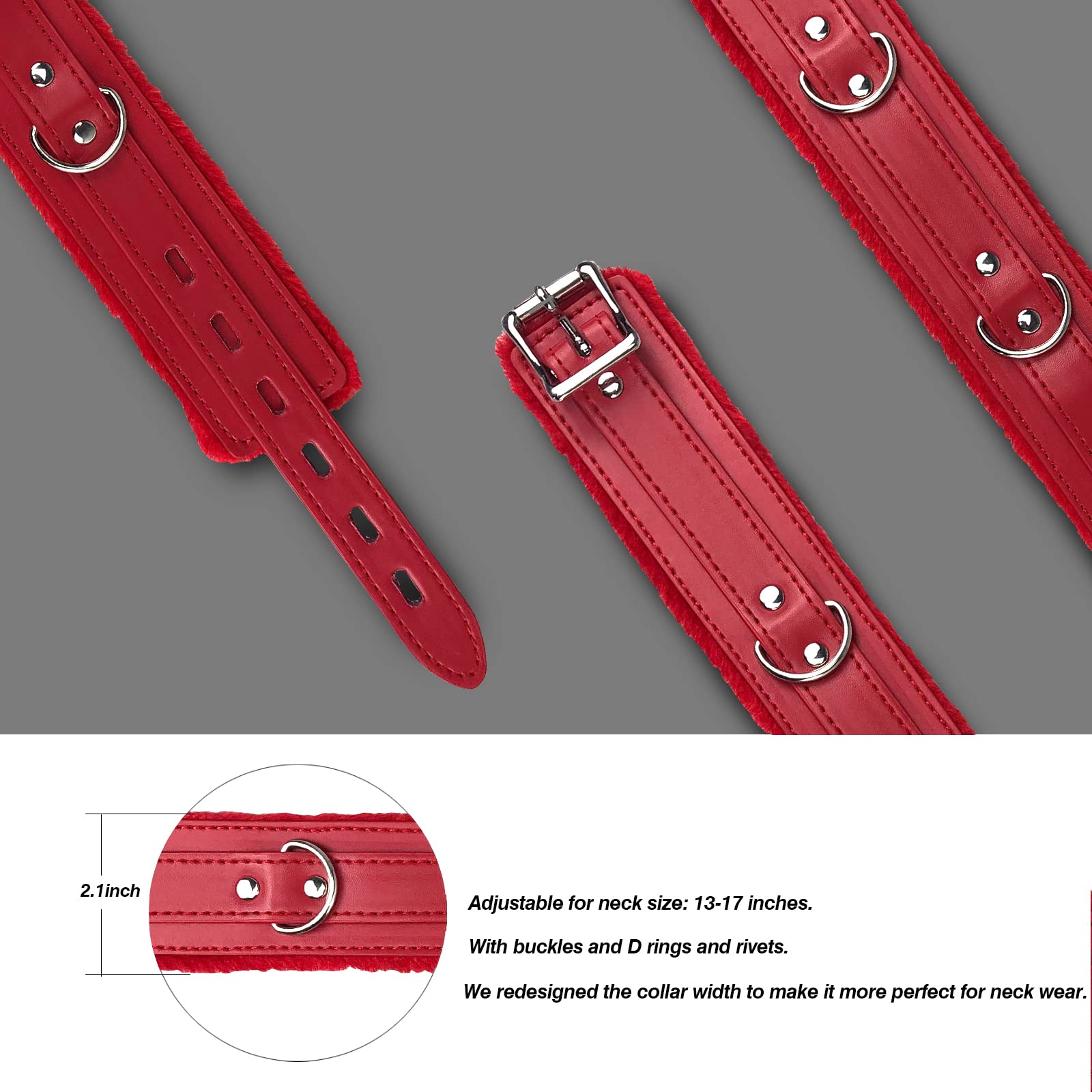 Gargantilla de cuero para mujer, con forro de piel sintética, collar para mascotas con cadena larga y duradera desmontable, color rojo