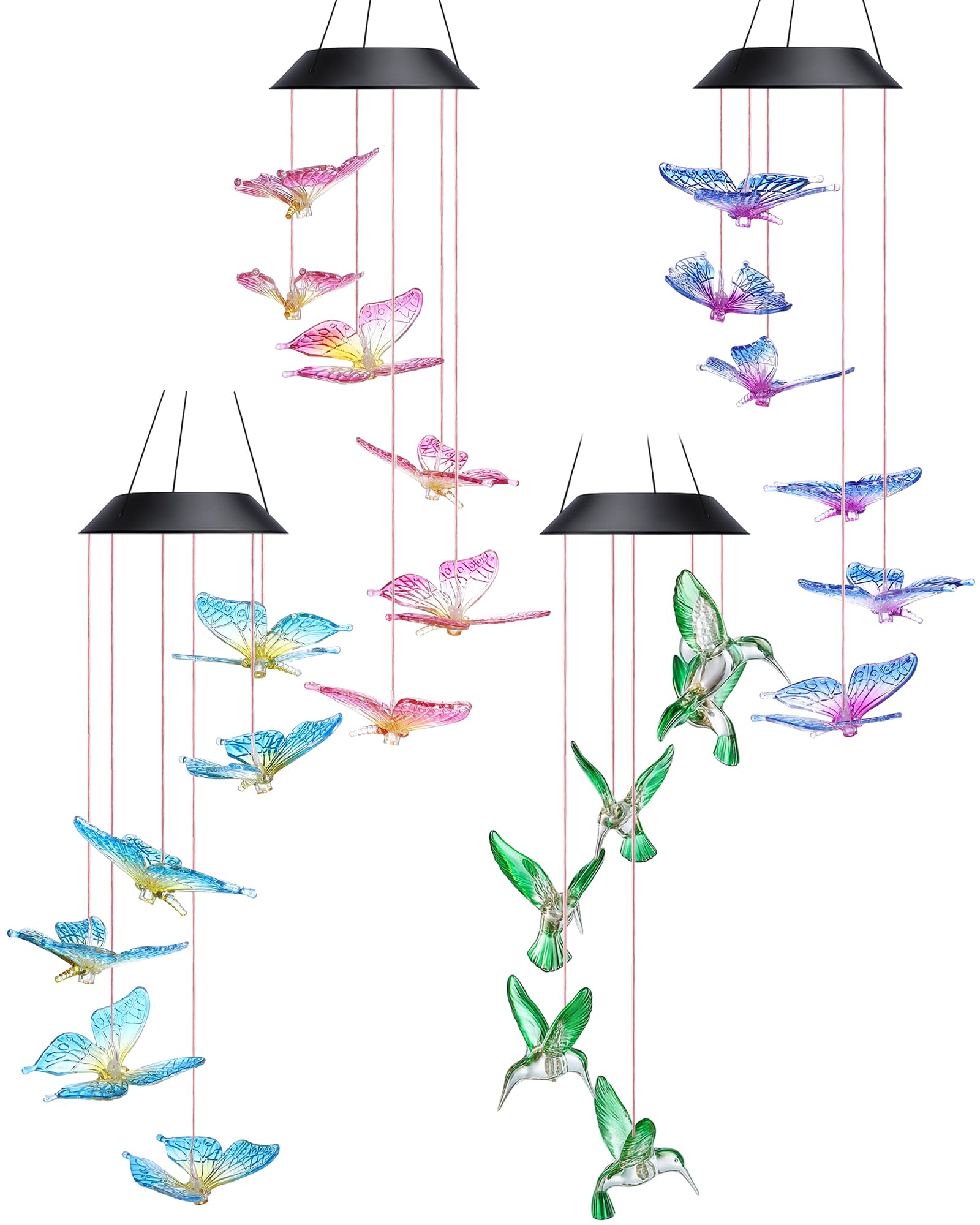 Carillon éolien solaire papillon cristal LED Suzile étanche lot de 4 pour jardin
