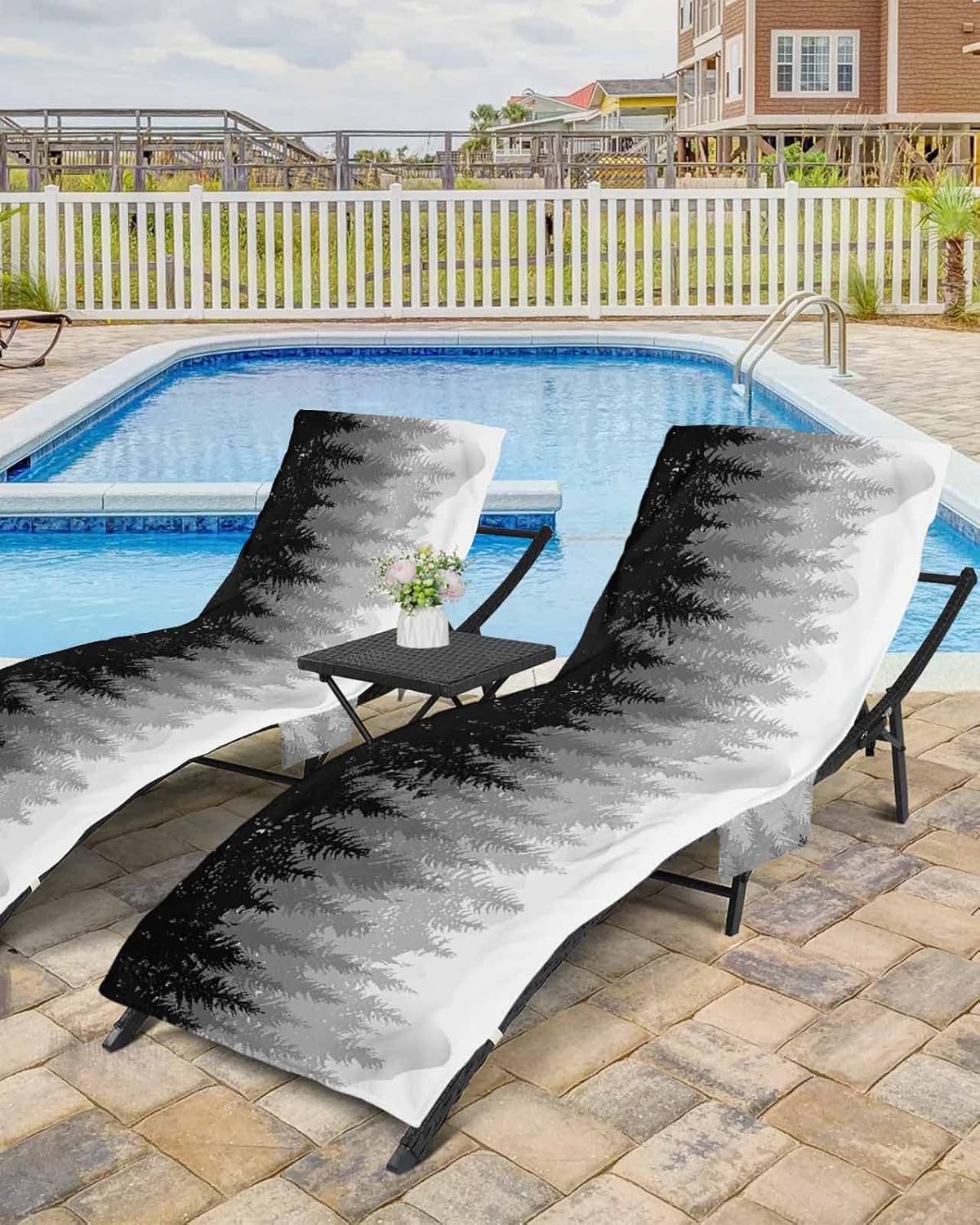 Fall Autumn Tree Beach Pool Patio Lounge Chaise Chair Cover Towel With Pockets,Absorbent & Quick Dry Microfiber Towel Cover Bag Summer Accessories for Sunbathing Forest Grey Black Wood-land Mountain