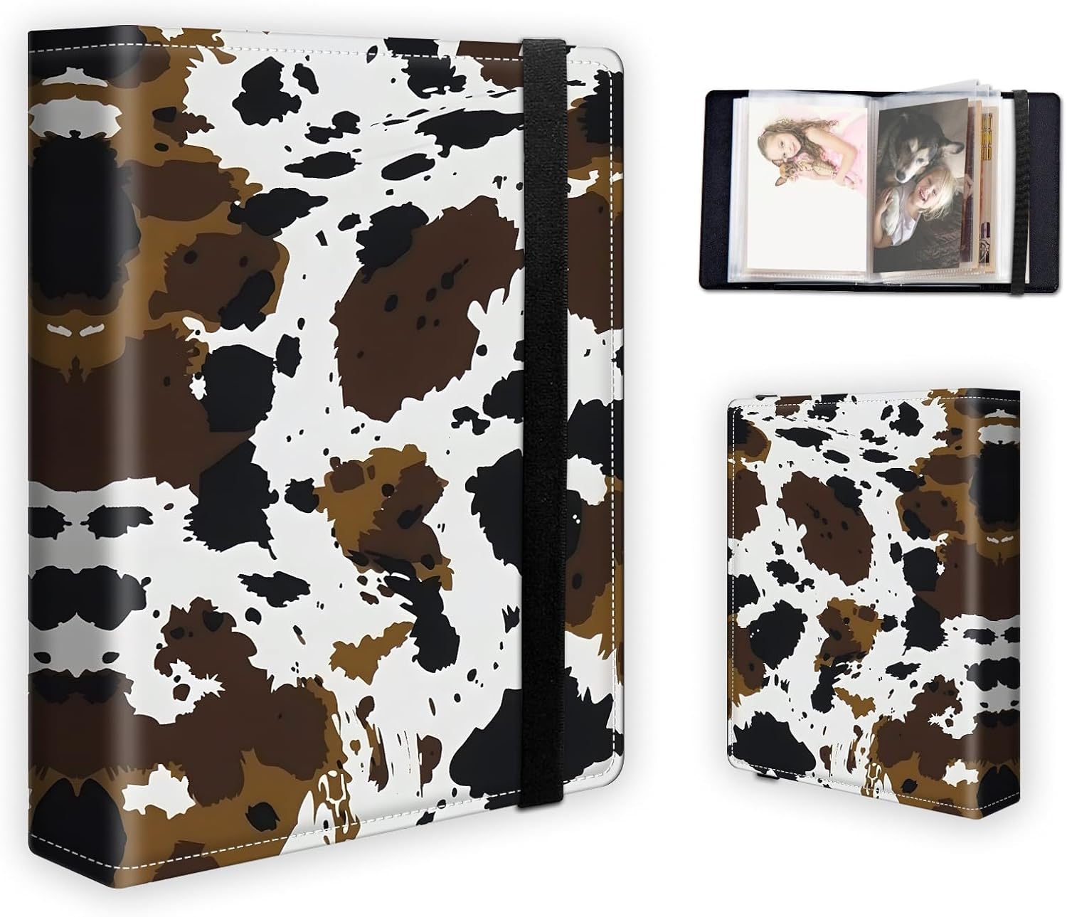 Photo Album 4x6 60 Pockets Photos, PU Leather Cover Portable Small Photo Albums with Elastic Band, Family Wedding Anniversary Baby Memory Pictures Book, Cow Print