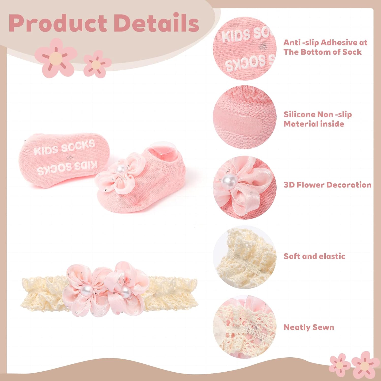 LIZISHU Baby Girls' Headband Socks Set Soft Floral Headwear + Non-Slip Socks for 0-12 Months Infant Newborn Toddler Photo Prop (red+pink+beige)