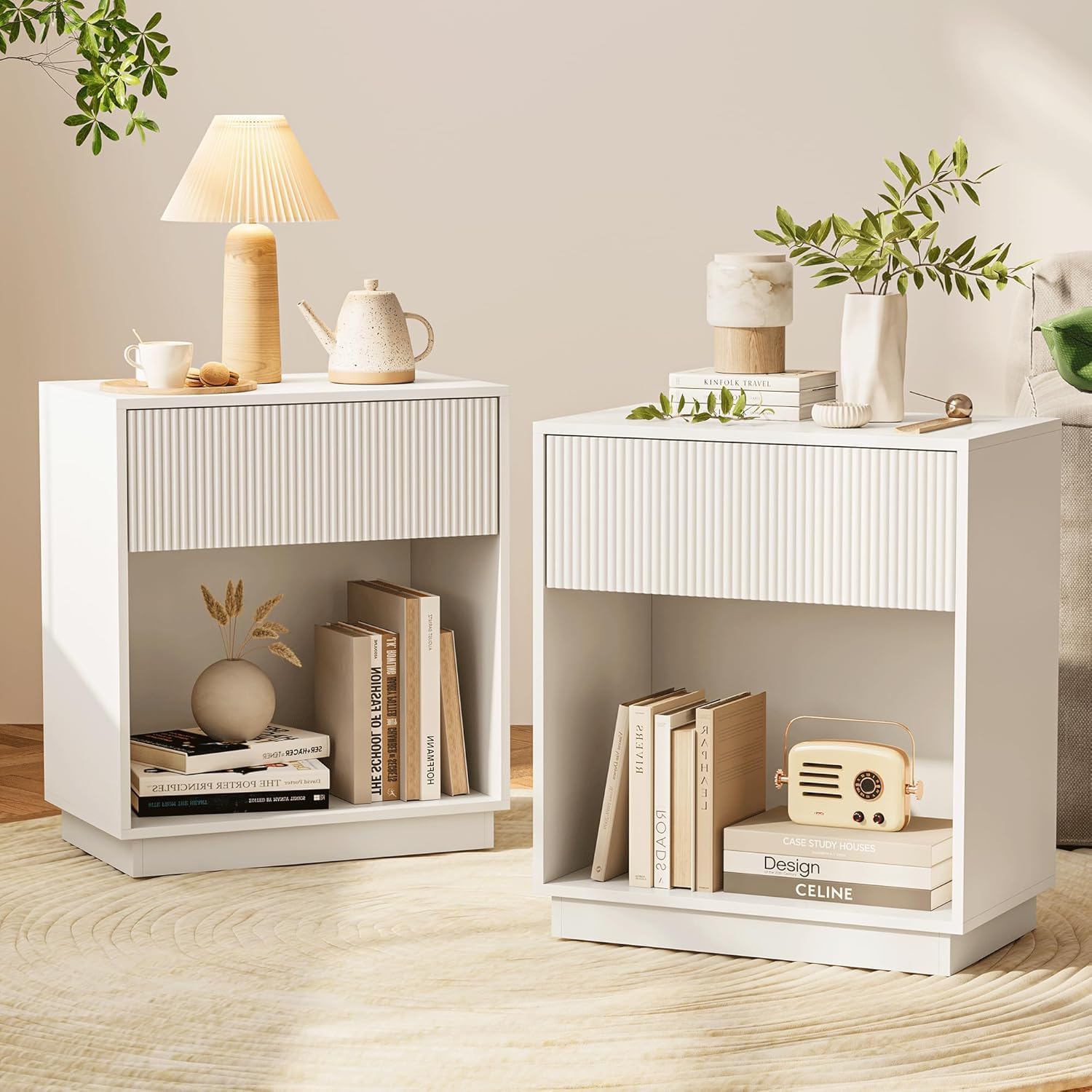 Fluted Nightstands Set of 2, Modern Bedside Table with Drawer and Storage Shelf, Wood End Table Mid Century Night Stands for Bedroom Living Room, White Finish-image-47