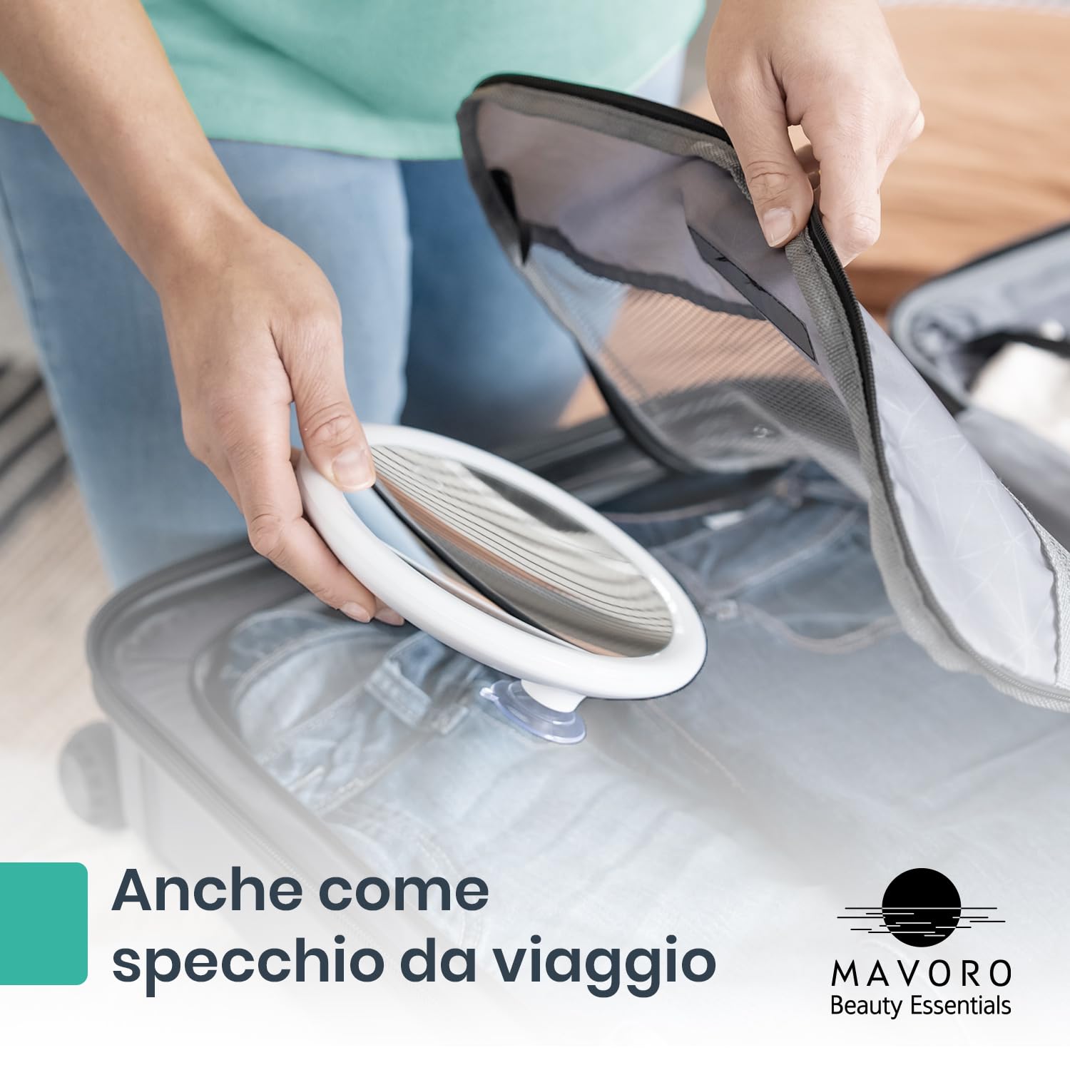 Mavoro Specchio Ingranditore LED 17 cm con 3 ventose forti | Ingrandimento 5X | Specchio trucco & cosmetico da viaggio portatile illuminato (batteria integrata ricaricabile USB-C | 5X)