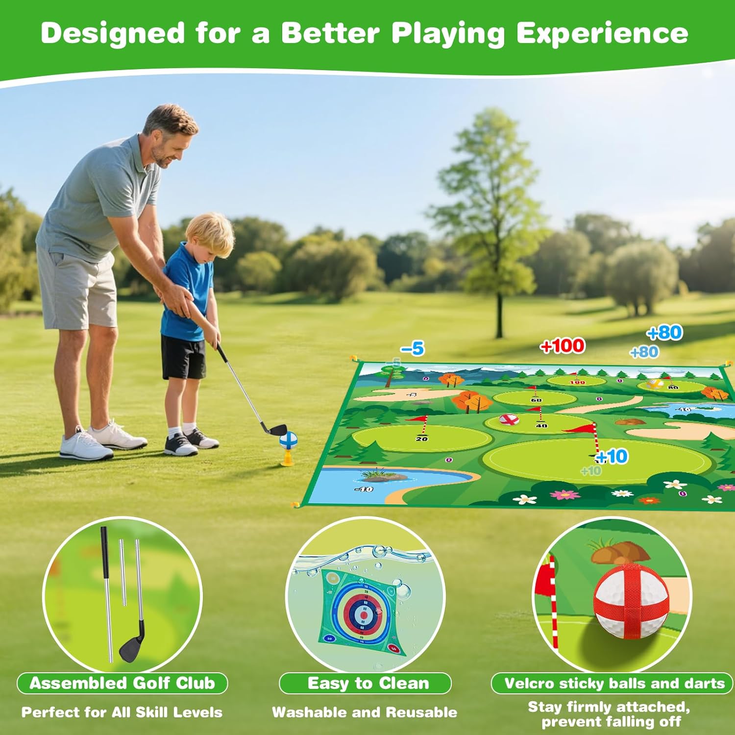 Battle Golf Chipping Game, Double-Sided Golf Hitting Mat for Indoor & Outdoor, Family Battle Game with Stick Ball&Dart, Christmas Ideal Gift for Kids Adults