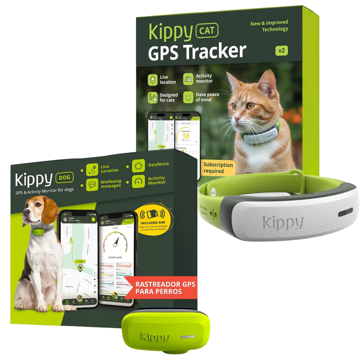 Kippy Bundle GPS para Gato V2 y Perro - Pack de 2, 1 Collar para Gato V2 y 1 para Perro - Seguimiento de Salud y Actividad