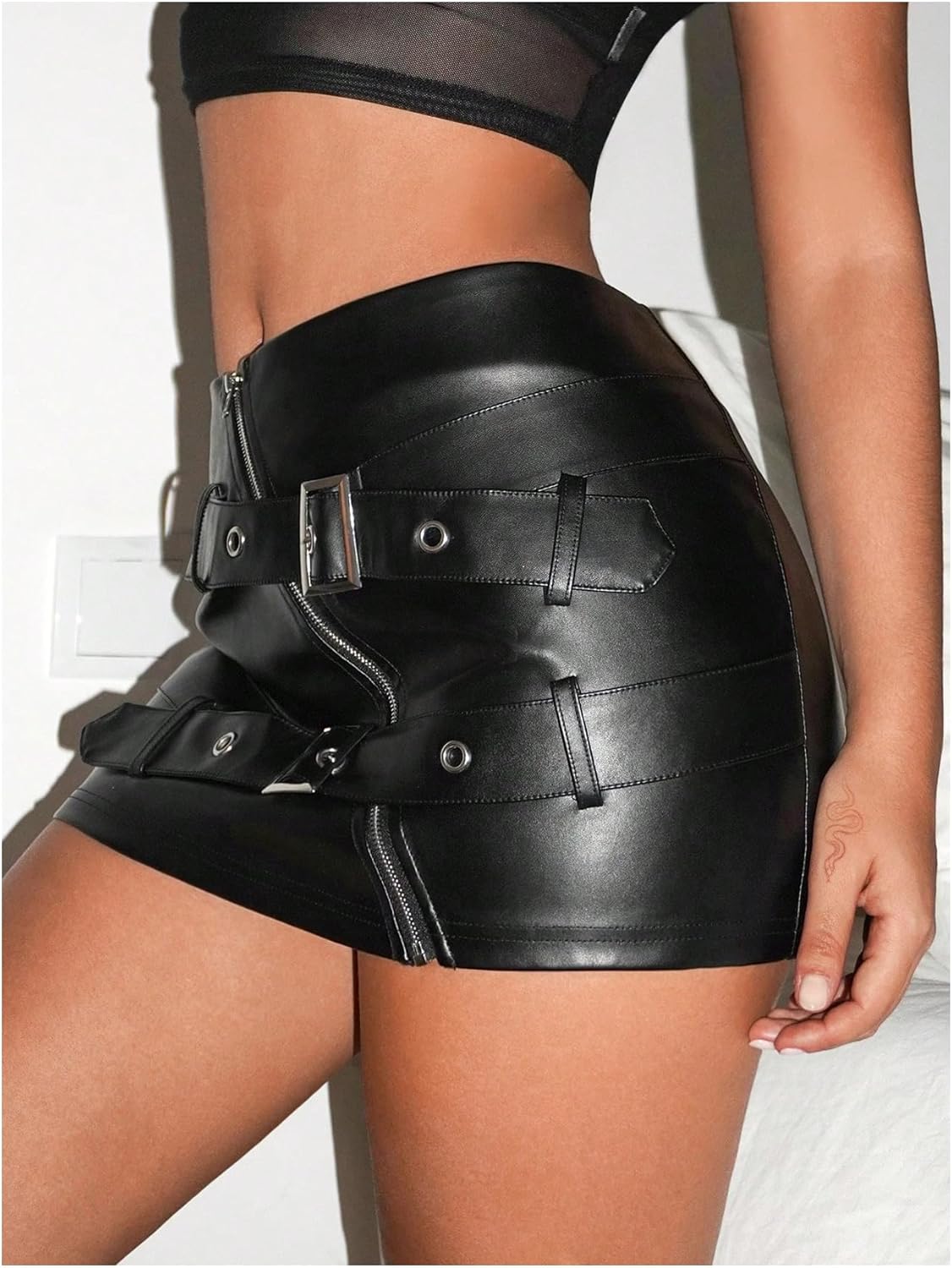 WDIRARA Women's Zip Front Buckle PU Leather Bodycon Mini Skirt Rave Club Y2k Skirt - Image 4