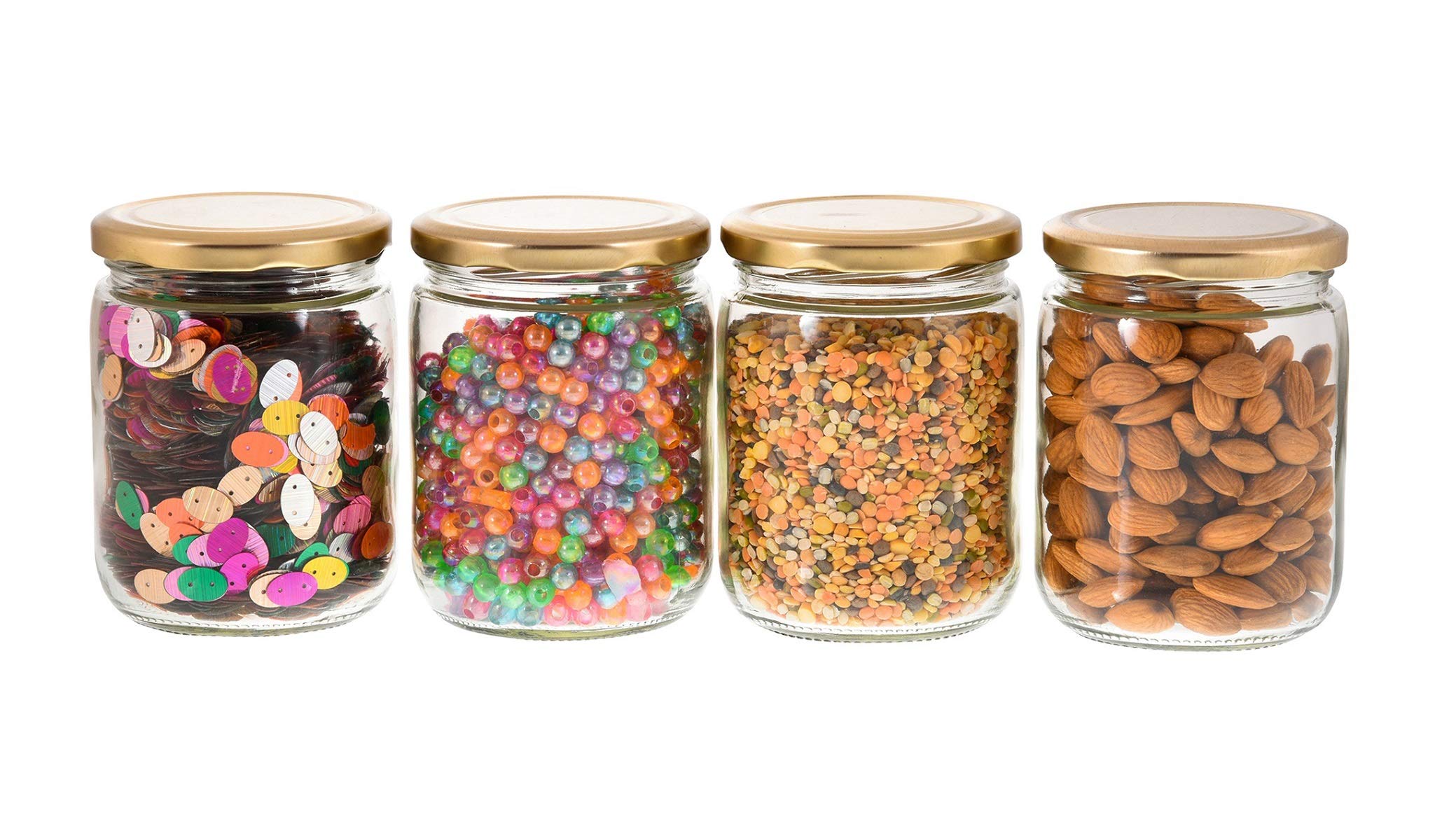 Machak Kitchen Storage Glass Jar With Rust Proof Air Tight Golden Cap, 500 Gms, Clear (Set of 4)