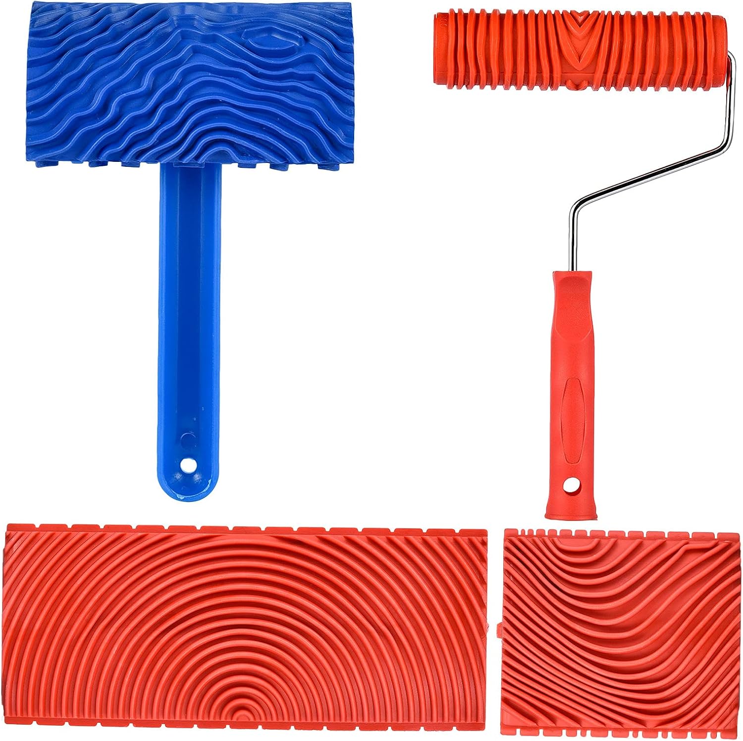4 Inch Art Wallpaper Imitation Wood Grain Tool with Handle Wall Decoration+7 Inch Empaistic Pattern Roller Painter+2 PCS Wood Graining Painting Tool,Wall Texture Art Painting Tool Set