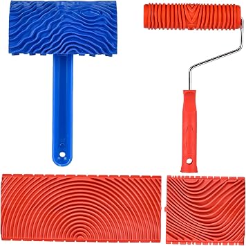 4 Inch Art Wallpaper Imitation Wood Grain Tool with Handle Wall Decoration+7 Inch Empaistic Pattern Roller Painter+2 PCS Wood Graining Painting Tool,Wall Texture Art Painting Tool Set