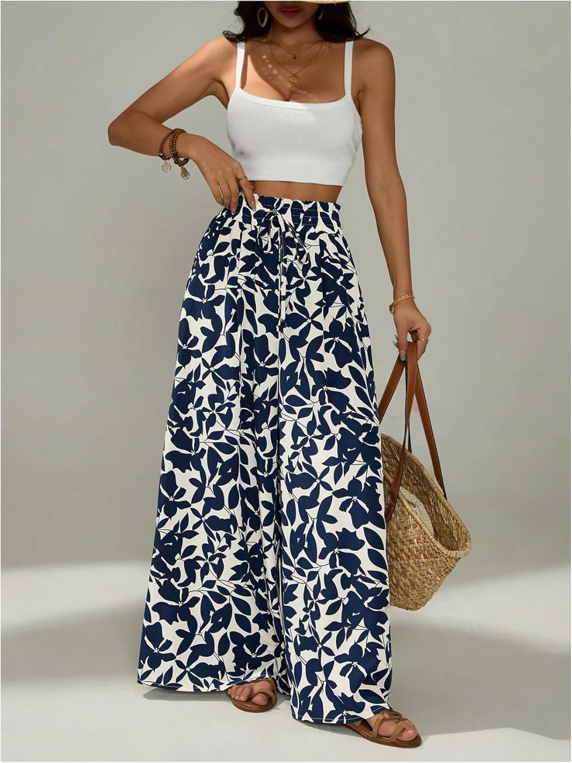 SOLY HUX Women's Boho Print Wide Leg Palazzo Pants Tie Front High Waisted Baggy Loose Long Trousers with Pockets - Image 5