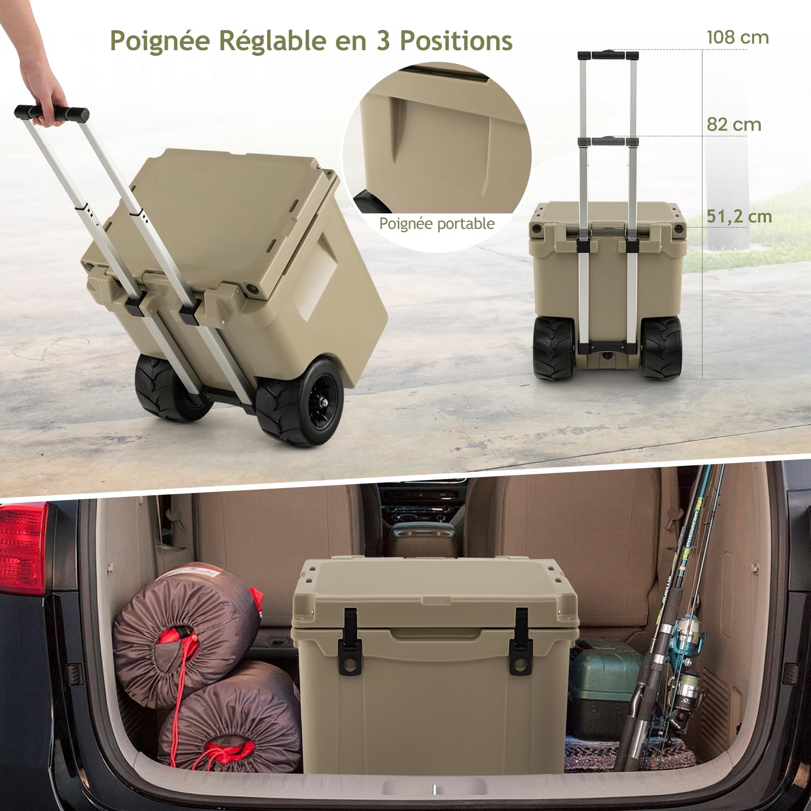 GYMAX Glacière Portable à roulettes 43 L, Boîte Isotherme avec Roues & Poignée Réglable en 3 Positions & Verrouillage & Trou de Drainage, pour Camping/Pêche/Voyage/Pique-Nique