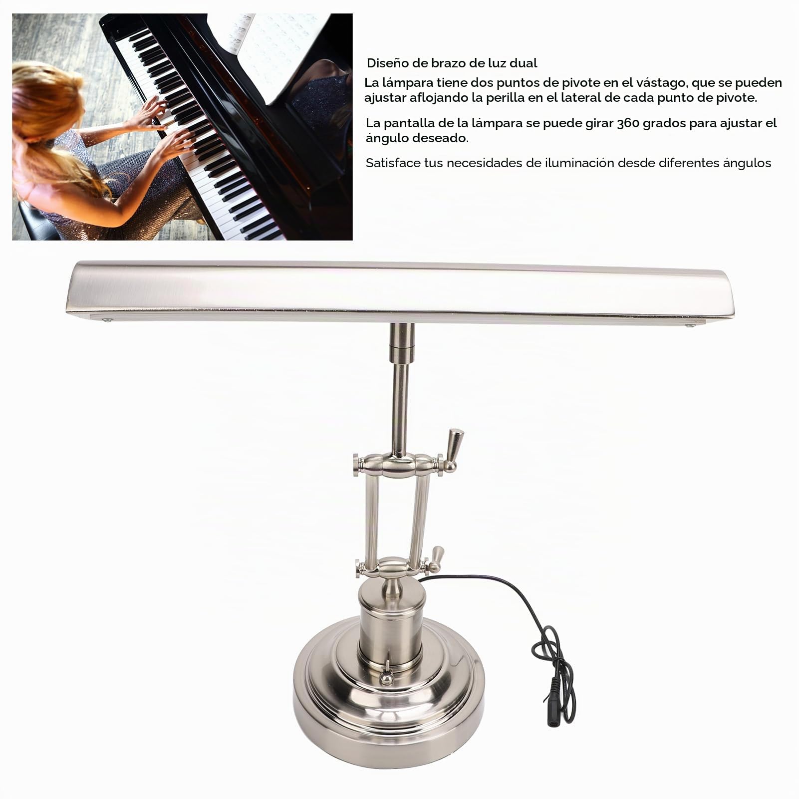 Cuifati Lámpara de Piano Retro, Luz de Piano Inclinada Ajustable Antigua Clásica, Protección Ocular con Atenuación Táctil, Diseño de Brazo de Lámpara Doble, Luz LED para Atril, (Enchufe