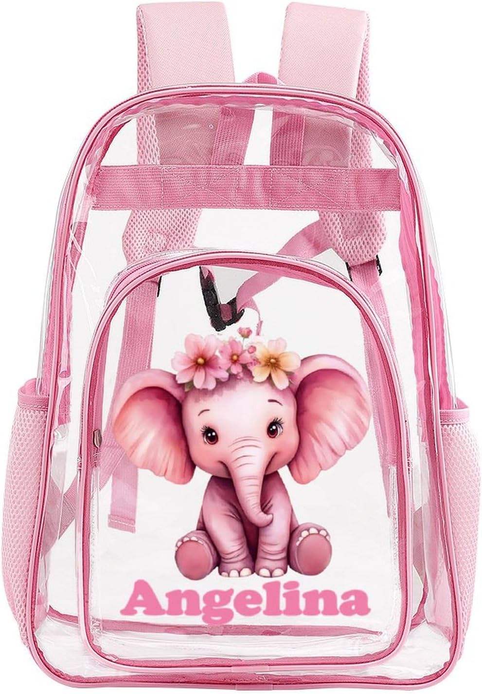 Personalized Pink Flower Elephant Clear Backpack PVC See Through Transparent Backpack for Girls Women with Name Reinforced Strap & Large Capacity Back to School Gifts - Clear/Pink