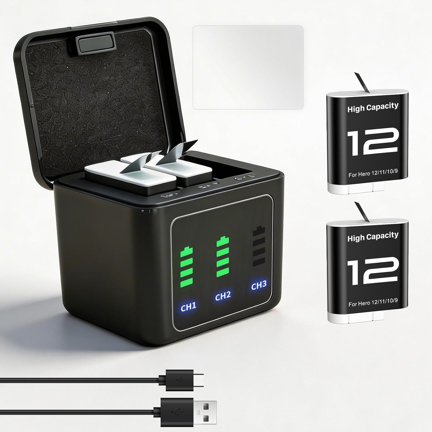 Battery Charger Kit Compatible with GoPro Hero 12 11 10 9 Black, 2-Pack 2580mAh Rechargeable Batteries+Triple Charge Case +Type-C Cable+Tempered Glass Screen Protector Replacement Camera Accessories