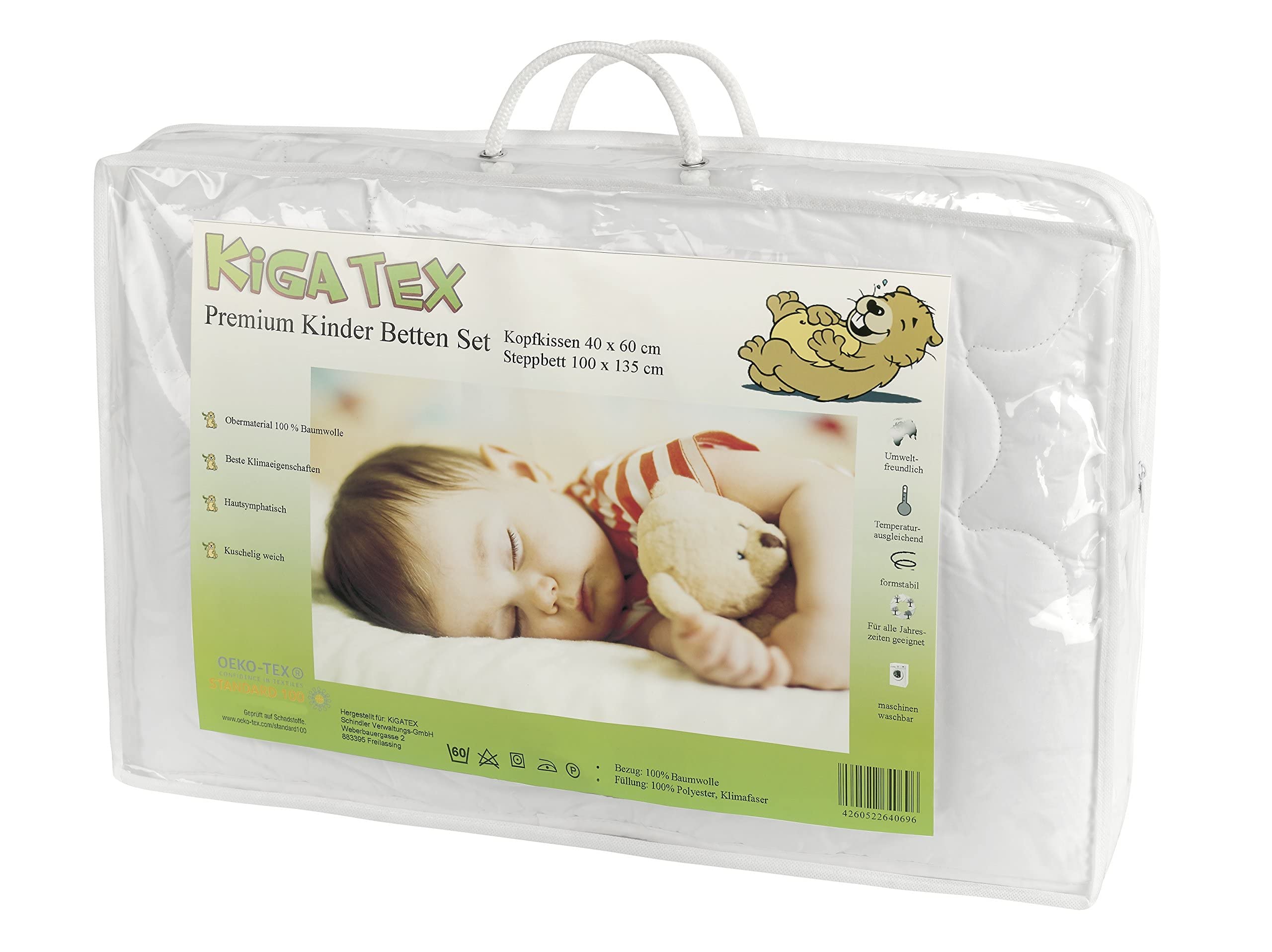 KiGATEX, Premium, Kinderbettdecken-Set, Elefant, 100x135+40x60, Baumwolle | Hautfreundlich, atmungsaktiv, weich, Öko-Tex® zertifiziert, ideal für Babybett und Kinderbett