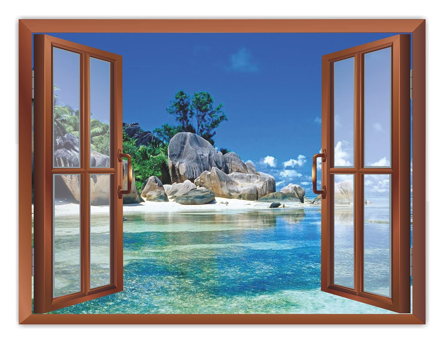 KREEPO Removable Wall Sticker/Wall Mural - Tropical Landscape Seychelles Paradise | Creative Window View Wall Decor kr_05