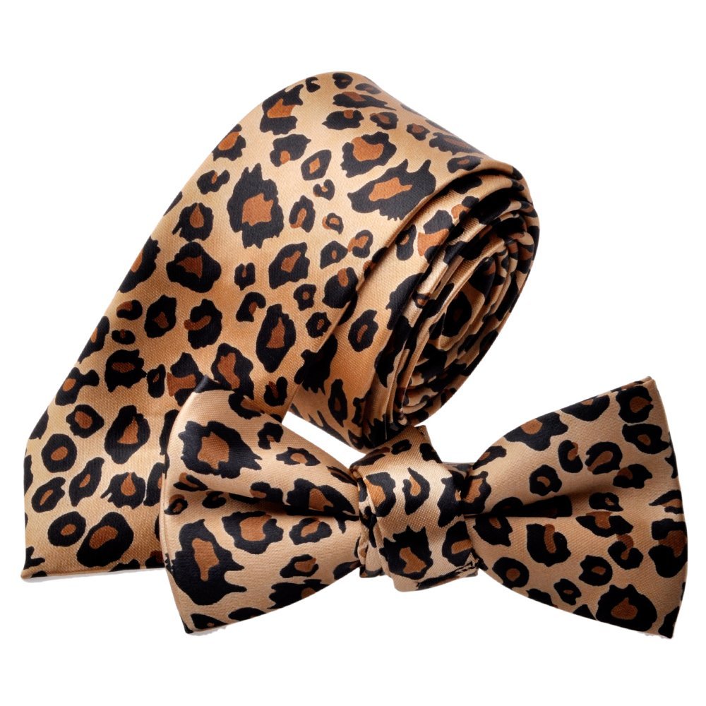 TOPTIE Unisex Leopard Print Skinny Tie & Bowtie Set Animal Print Necktie Bow Tie
