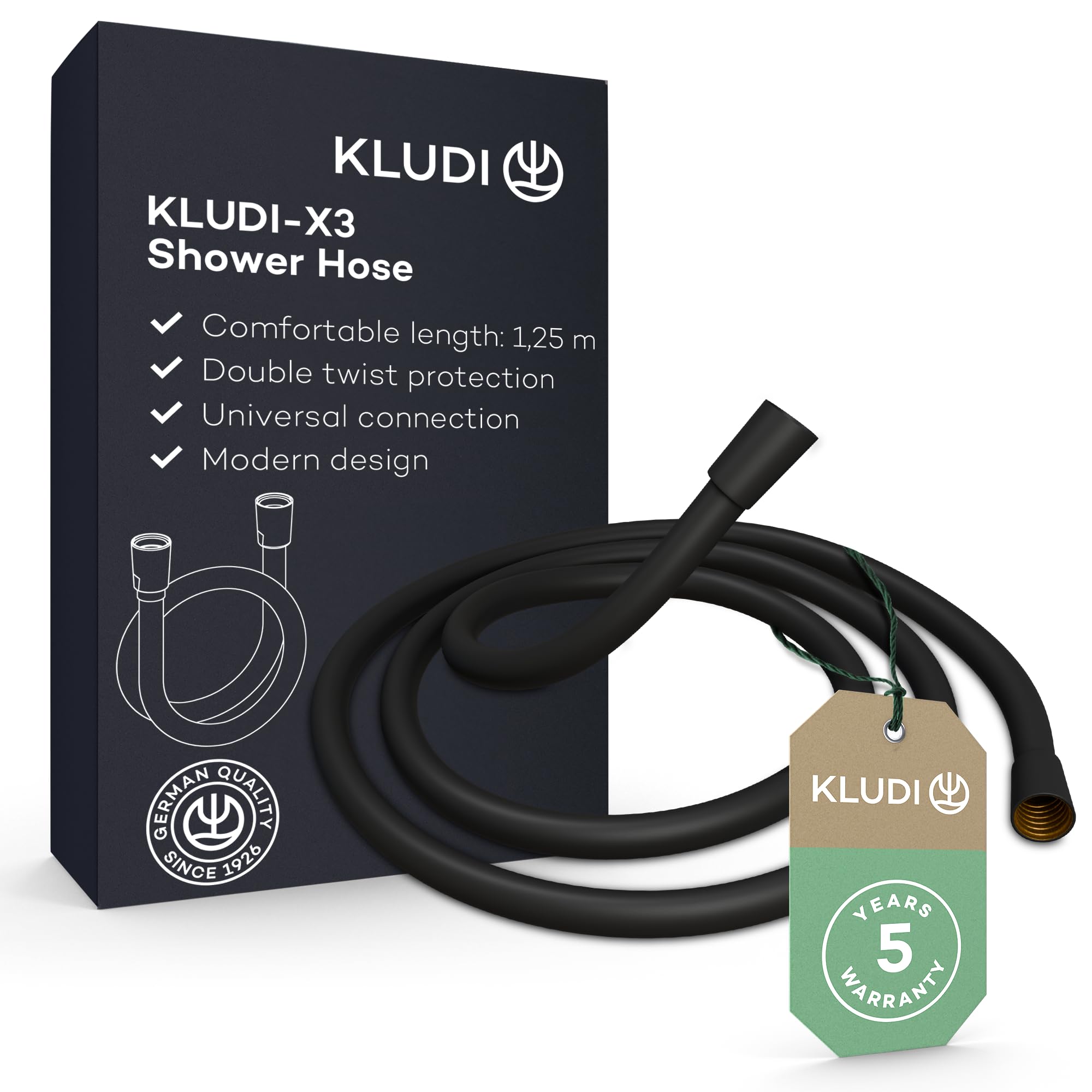 KLUDI -X3 uniwersalny wąż prysznicowy 1,25 m z łatwego w czyszczeniu tworzywa sztucznego, elastyczny wąż prysznicowy z podwójną ochroną przed przekręceniem, odporny na zginanie, standardowe przyłącze
