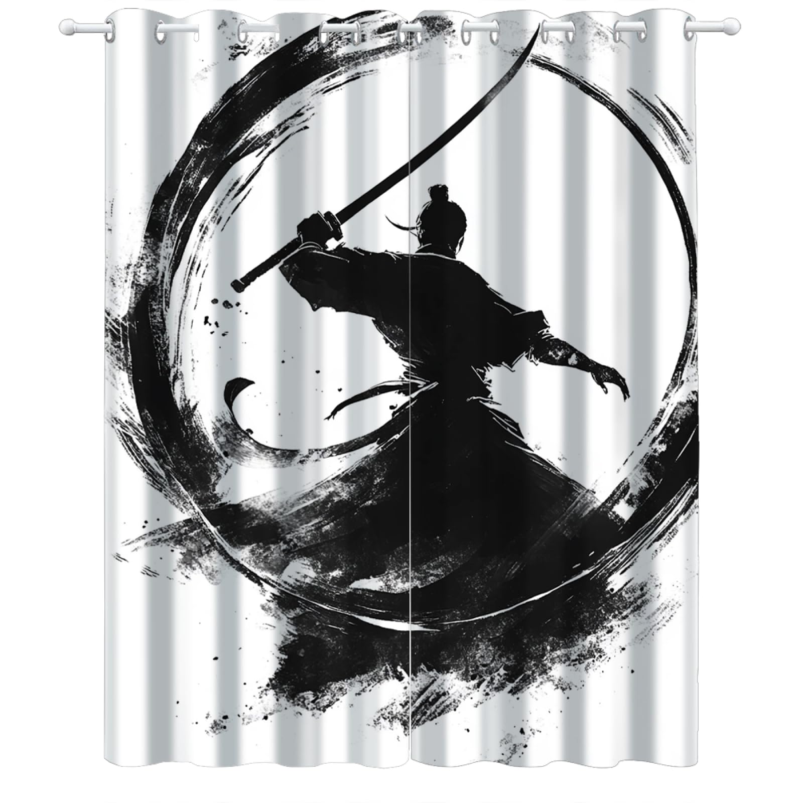Schwertkämpfer Blickdichte Vorhänge, Samurai mit Schwert Wohnzimmer Schiebevorhänge, Schwarze Silhouette Kinderzimmer Vorhänge, Minimalismus Ösen Verdunkelungsvorhänge B140 x H220cm 2 Paneele