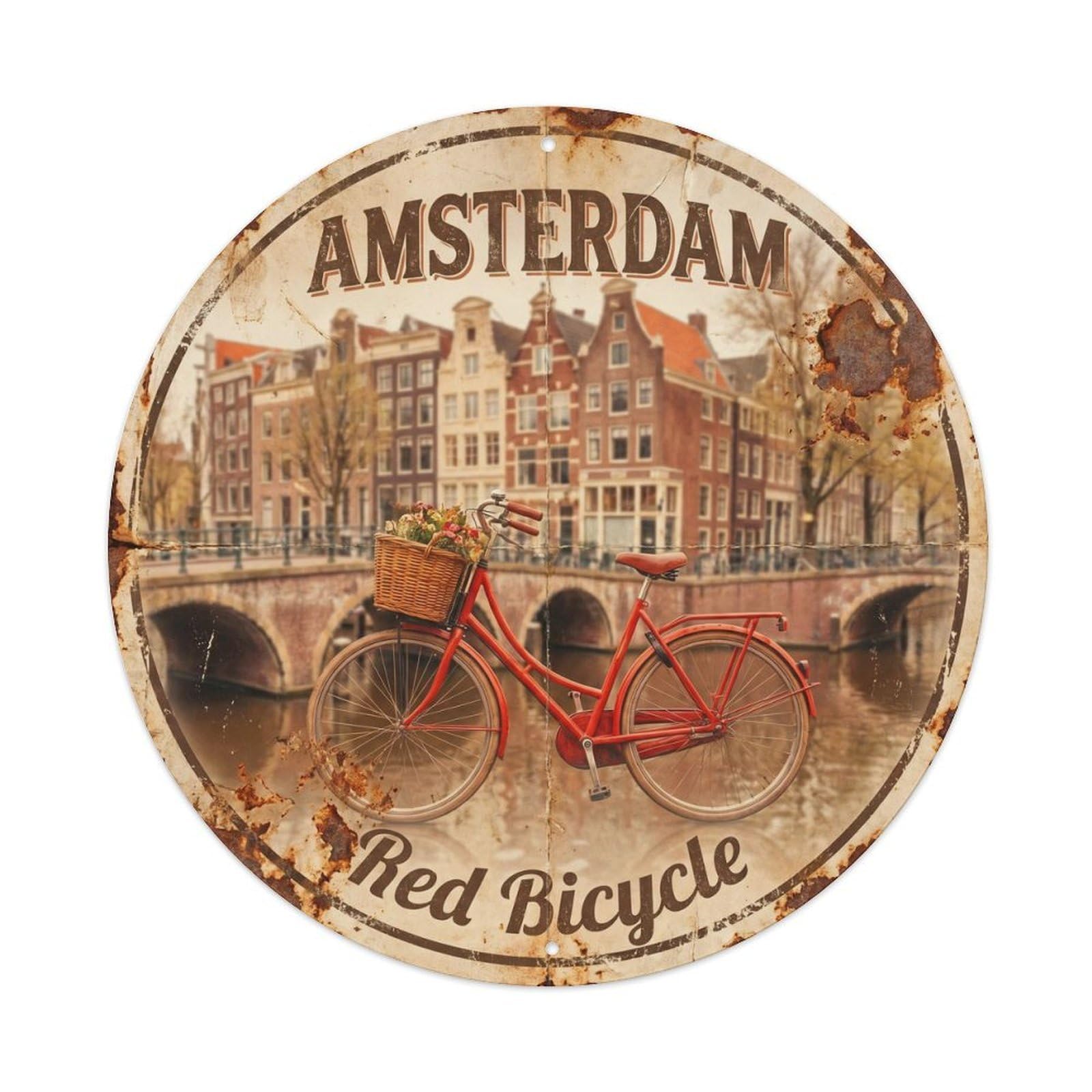 Vintage Travel Amsterdam Red Bicycle Metal Tin Sign Plaque