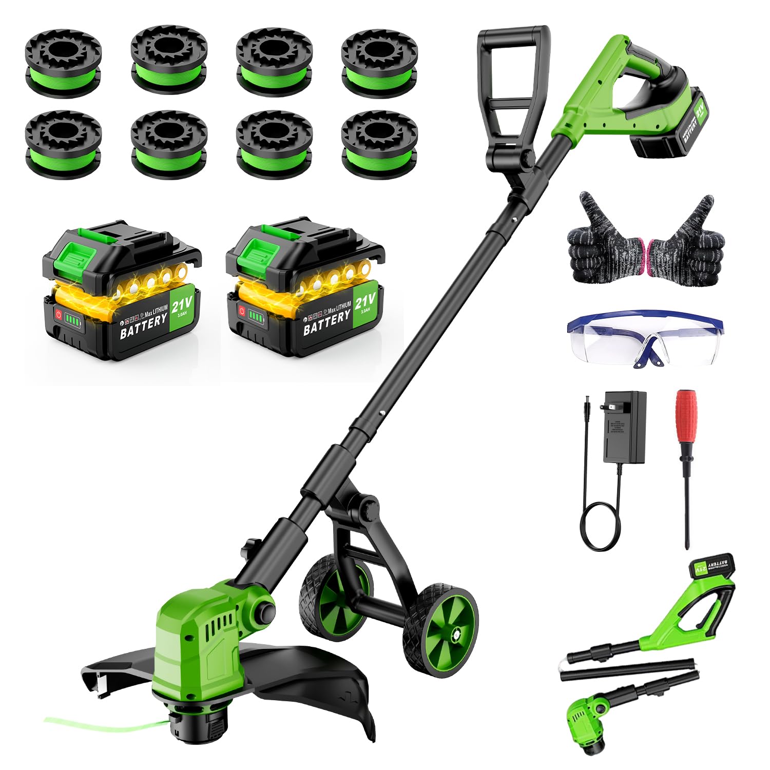 Photo 1 of ***HANDLE IS BROKEN*** Amiluo 2 in 1 Cordless String Trimmer & Edger, 21V Battery Powered Weed Wacker with Wheels, 14" Electric Weed Eater with 2 x 3.0Ah Batteries & 8 Spools, Grass Trimmer for Garden and Lawn Care
