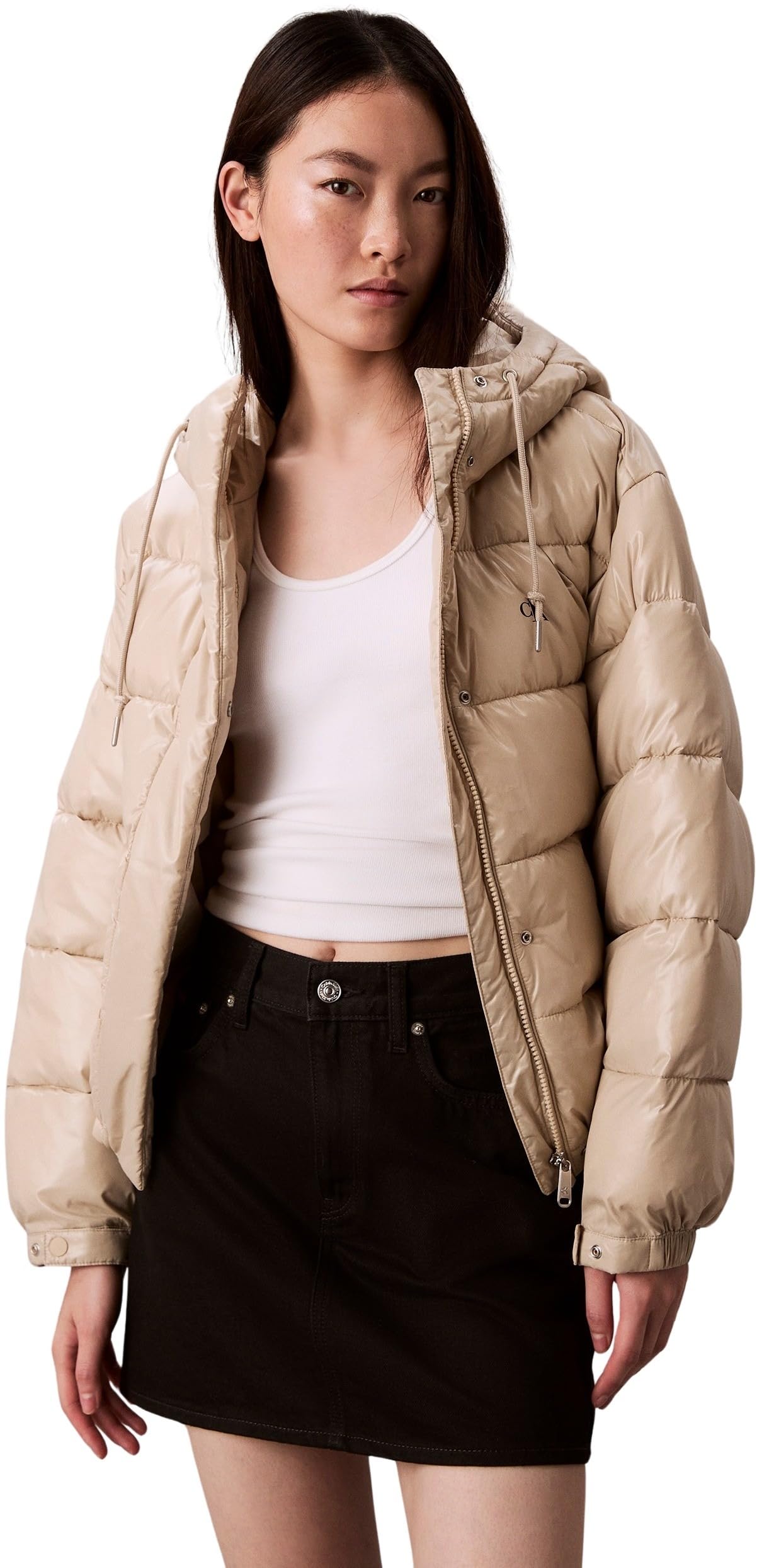 Calvin Klein Women’s Shine Puffer Jacket with Hood, Off-White (Island Fossil), L