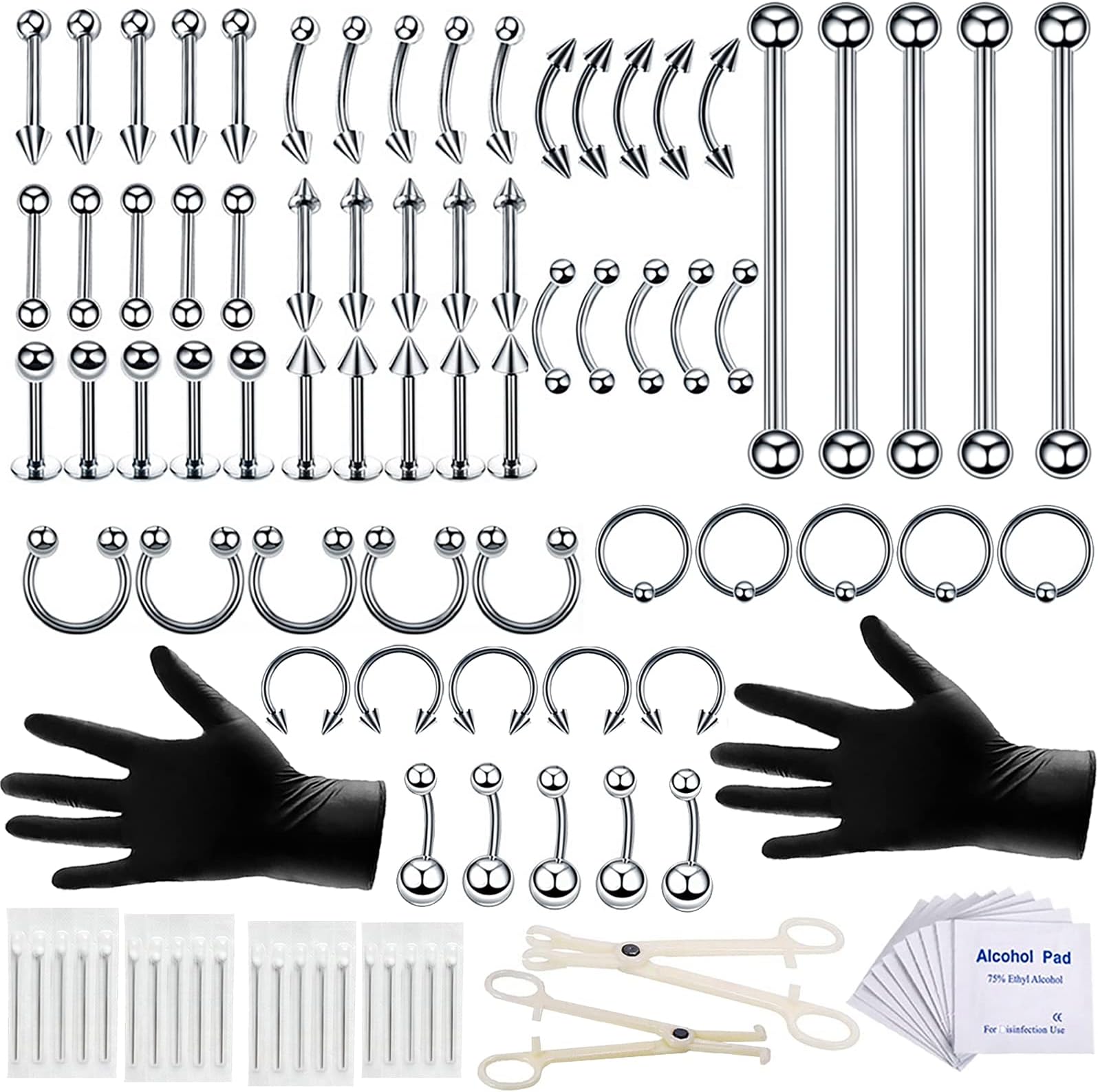 100 PCS Piercing Kit - 14G 16G Nose Septum Rings Silver Jewelry for Nose, Belly Button, Tongue, Body With 20 PCS 12G 14G Needles and Tools