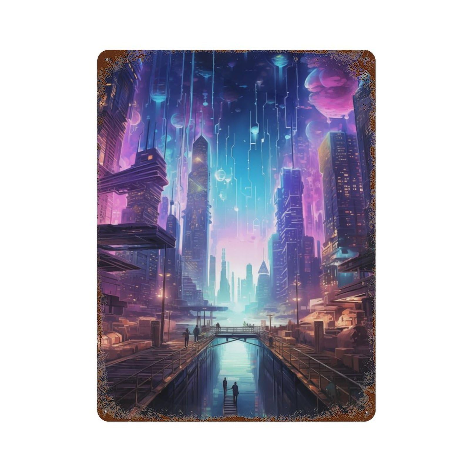 Futuristic City Skyscraper Retro Metal Sign 15.7"x11.8", Vintage Wall Decor for Garage, Pub Or Kitchen