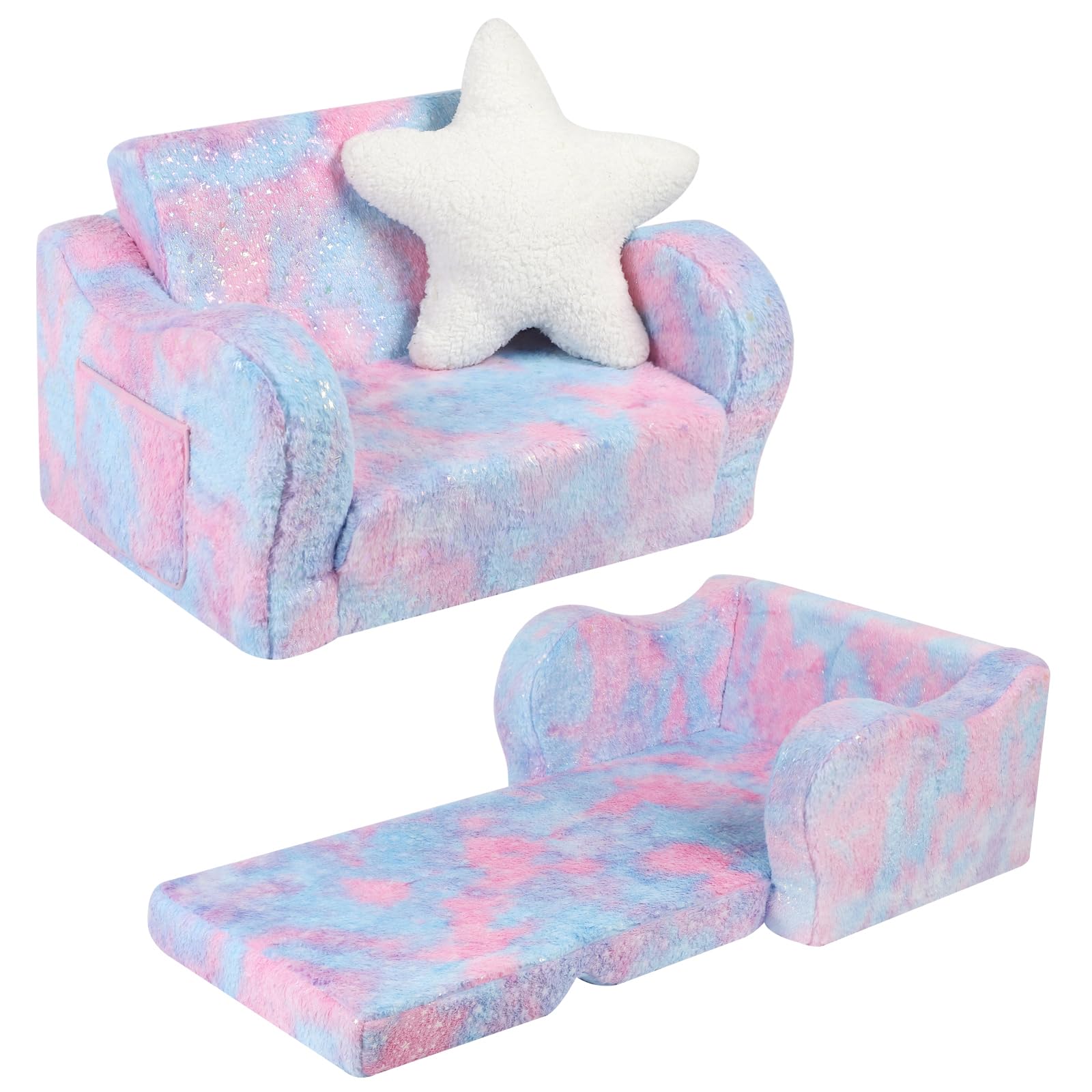 Toddler Couch, 2-in-1 Toddler Soft Couch Fold Out with Star Pillow, Convertible Sofa to Lounger for Girls and Boys, Pink Tie Dye, 1-Seat