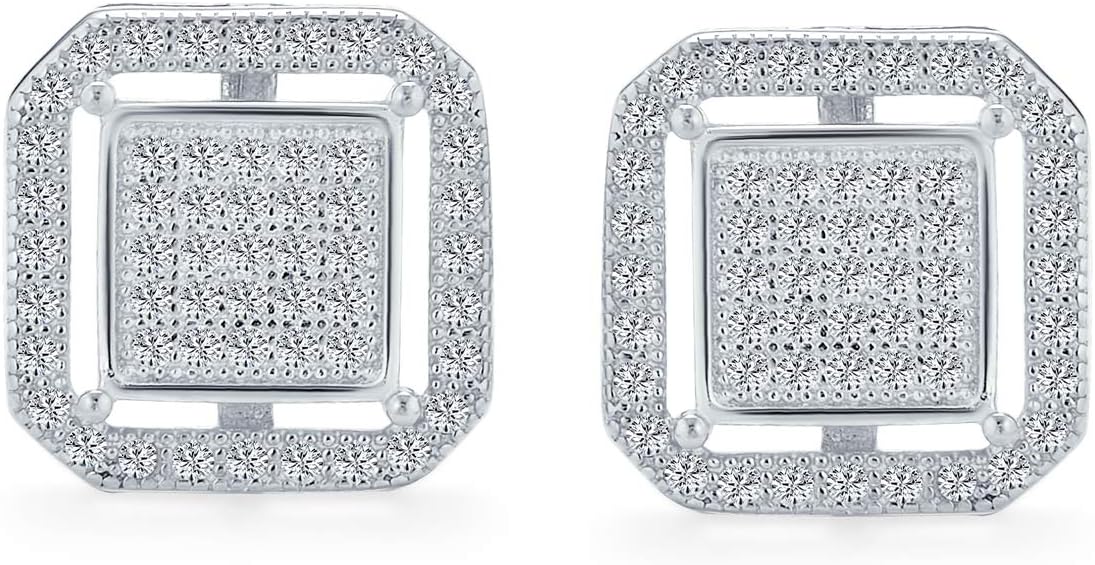 14K Gold Plated Geometric Hip Hop Square Cubic Zirconia Micro Pave CZ Stud Earrings for Men and Women .925 Sterling Silver Sizes 5 7 8 MM