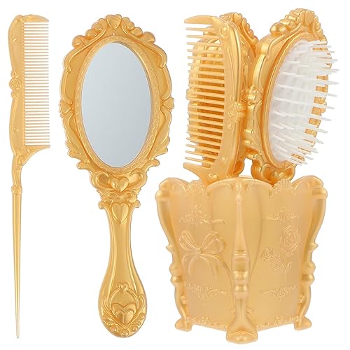 5pcs Vintage Hair Brush and Mirror Comb Set with Gold
