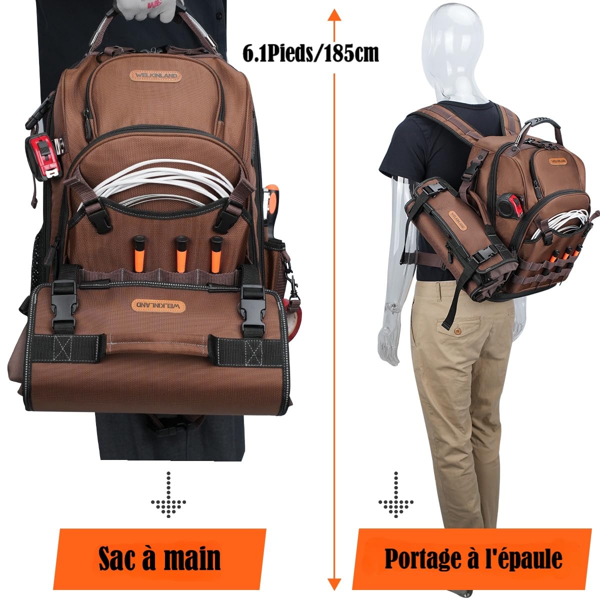 WELKINLAND Sac à dos à outils CVC 70 poches avec rouleau à outils, sac à outils