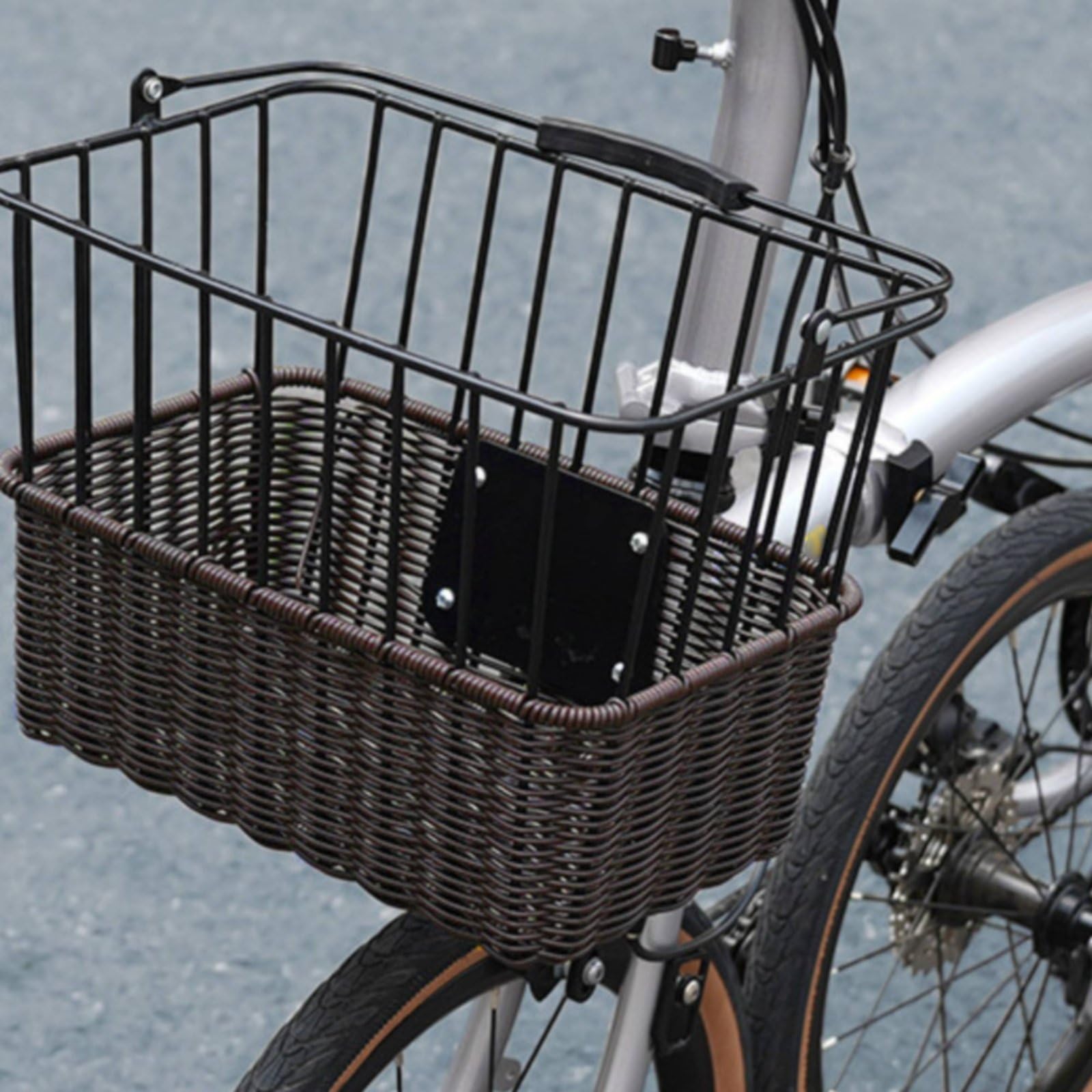 Fahrradkorb Weidenoptik Lenkerkorb Fronttasche Tragekorb mit Schnellverschluss aus PE Geflecht Und Metall Gestell für, Beige, Fixed Base