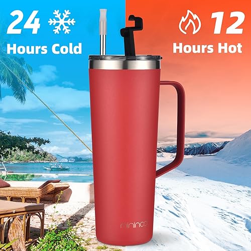 Miniatura 6 de Vaso aislado de 24 onzas con asa, taza de café aislada al vacío de doble pared con tapa y popote, a prueba de fugas (rojo)