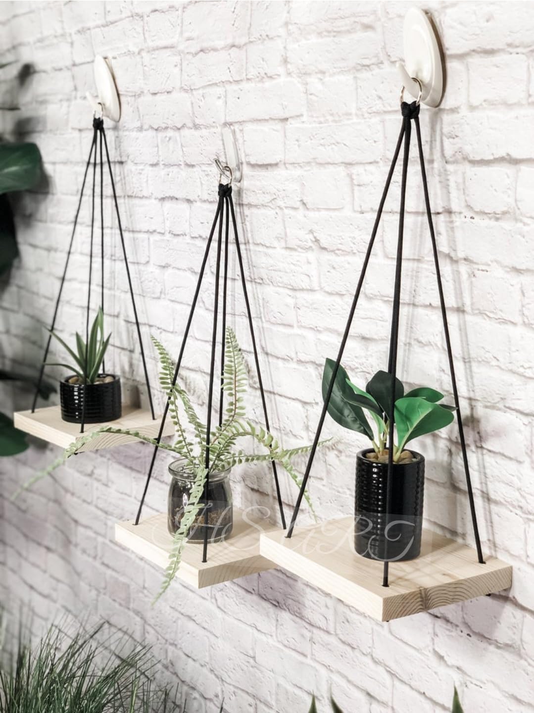 HS ART Wooden Wall Hanging Rope Shelf Pine Wood Floating Shelve Rope Hanging Flower Vase Shelf-image-7