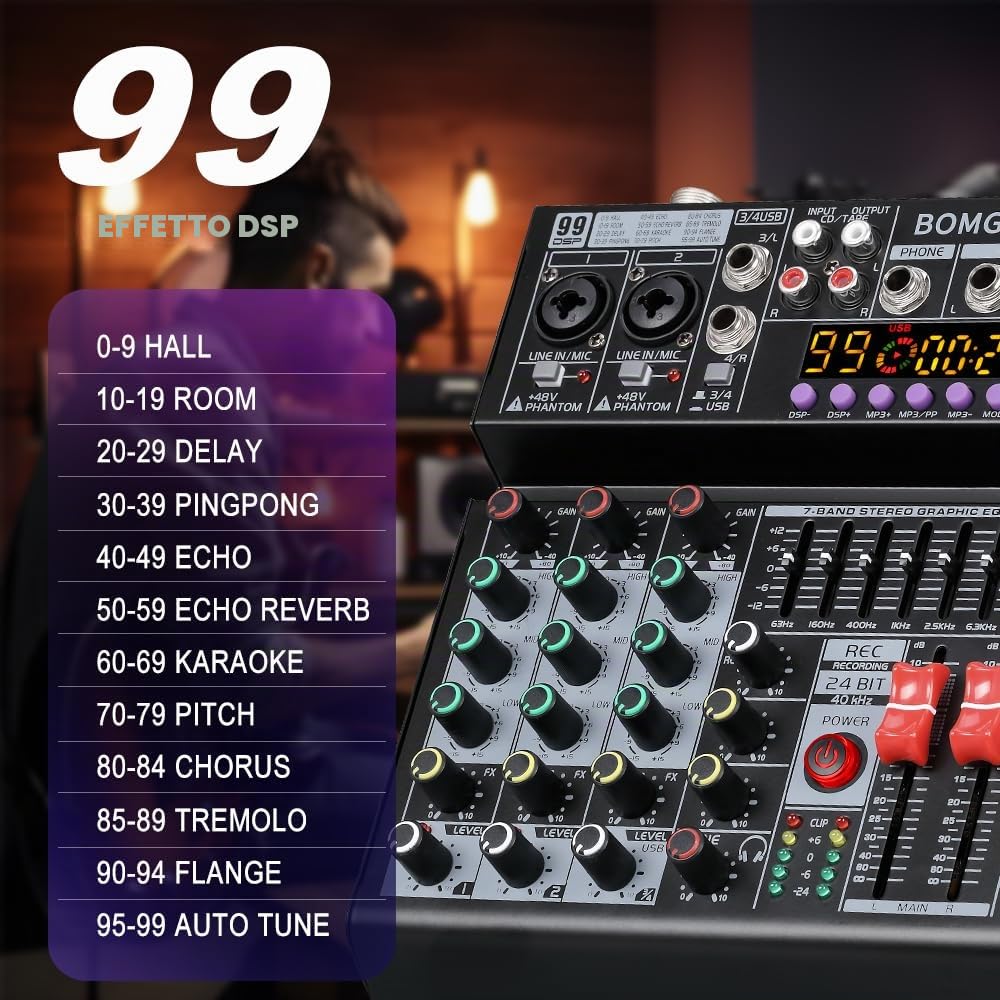 BOMGE Mixer audio 04A, console di mixaggio professionale con USB/Bluetooth/computer/mixer DJ con ingresso stereo a 4 canali, 48 V, Phantom Digital 99, effetto DSP per registrazione su PC, karaoke