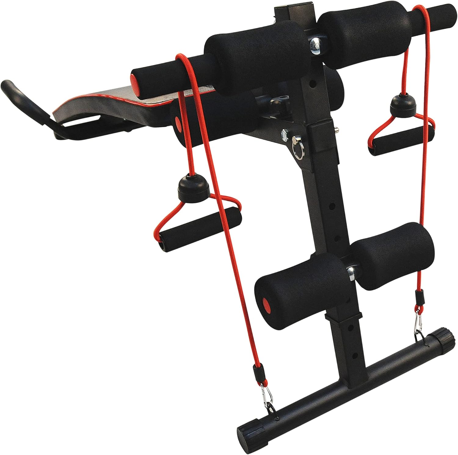 Муфассал view of the adjustment pin and spring mechanism for the ankle pads on the HOMCOM Abdominal Bench.