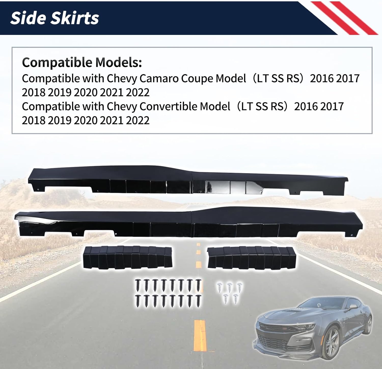 Side Skirts ZL1 Style Gloss Black Painted 1 Pair Compatible with Chevy Camaro 2016-2022 LT SS RS (Coupe and Convertible Model), Body Kit Rocker Panel Extension Guard Splitters (ABS Plastic)
