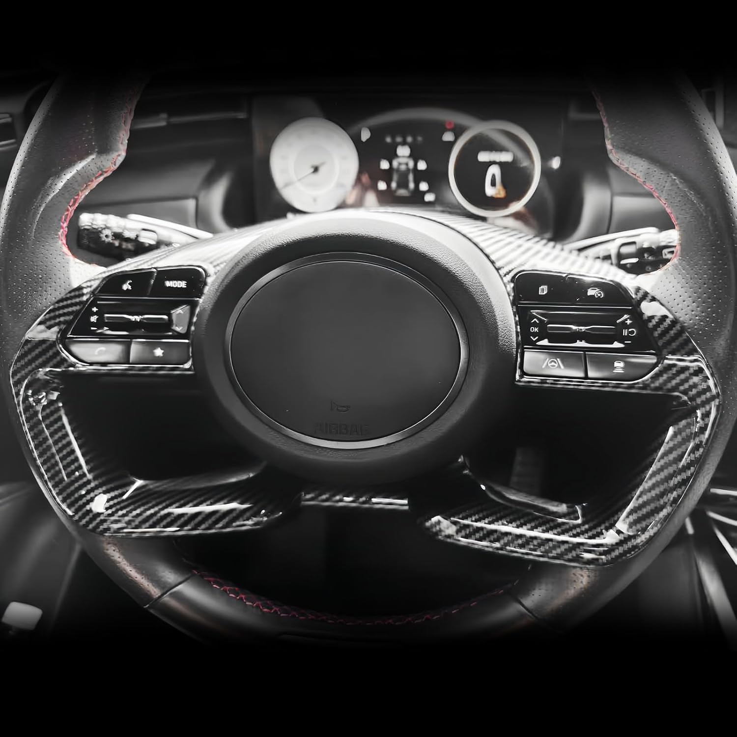 Carbon Fiber Style Car Steering Wheel Handle Frame Cover Interior Steering Button Panel Cover Molding Protective Sticker Compatible with Hyundai Elantra CN7 Tucson NX4 Santa Cruz Accessories