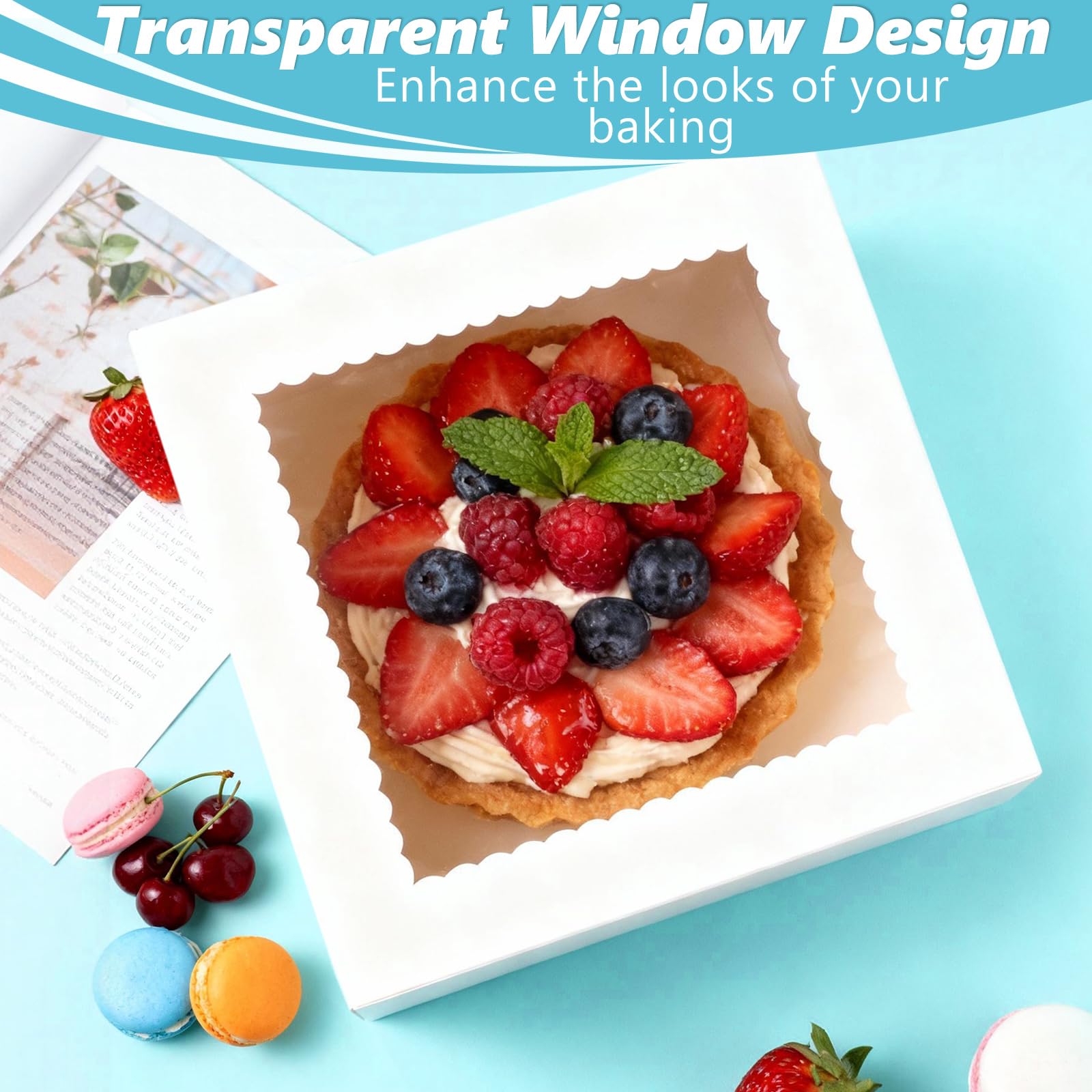 APACALI 40 scatole per torte 30 x 30 x 20 cm, in cartone bianco, per il trasporto di torte con finestra a vista, per torte, dolci