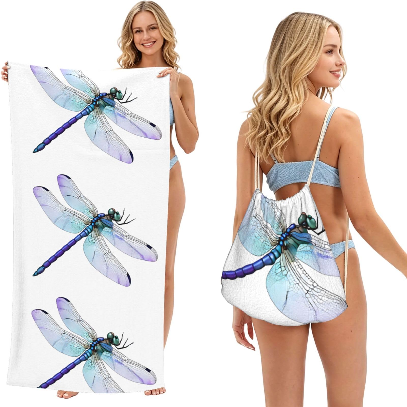 ESNAIUVCD Dragonfly Print Print Beach Towel For Adults,Towel With Drawstring Bag, Travel Pool Swimming Sports Shower Sand Free Quick Dry Bath Towel For Pool, Beach, Yoga- 180x60cm