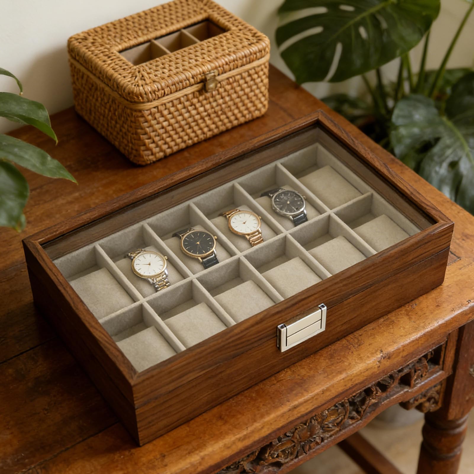 Fabater Scatola per Orologi, Coperchio in Vetro a 12 Scomparti, Pannello in MDF Rivestito in Velluto, Adatta per Vetrine per Orologi Meccanici Al Quarzo, Organizer per con Cuscino Rimovibile per,