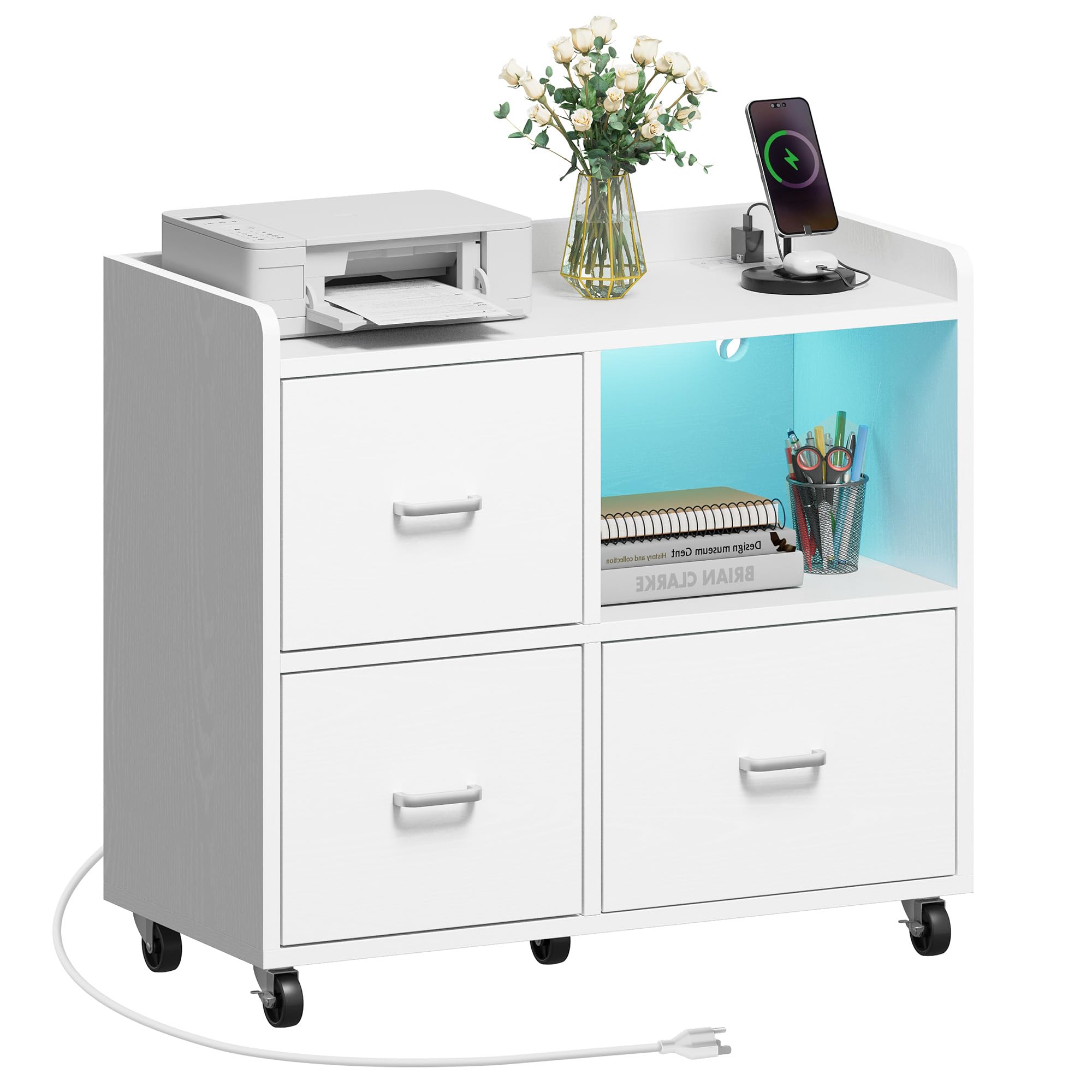 YITAHOME Wood File Cabinet with LED Light, 3 Drawer Mobile Lateral Filing Cabinet, Storage Cabinet Printer Stand with Shelves for Home Office Organization, White