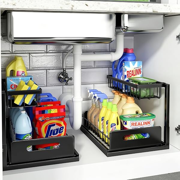 REALINN under Sink Organizer, L-Shaped 2 Tier Pull Out Cabinet Organizer