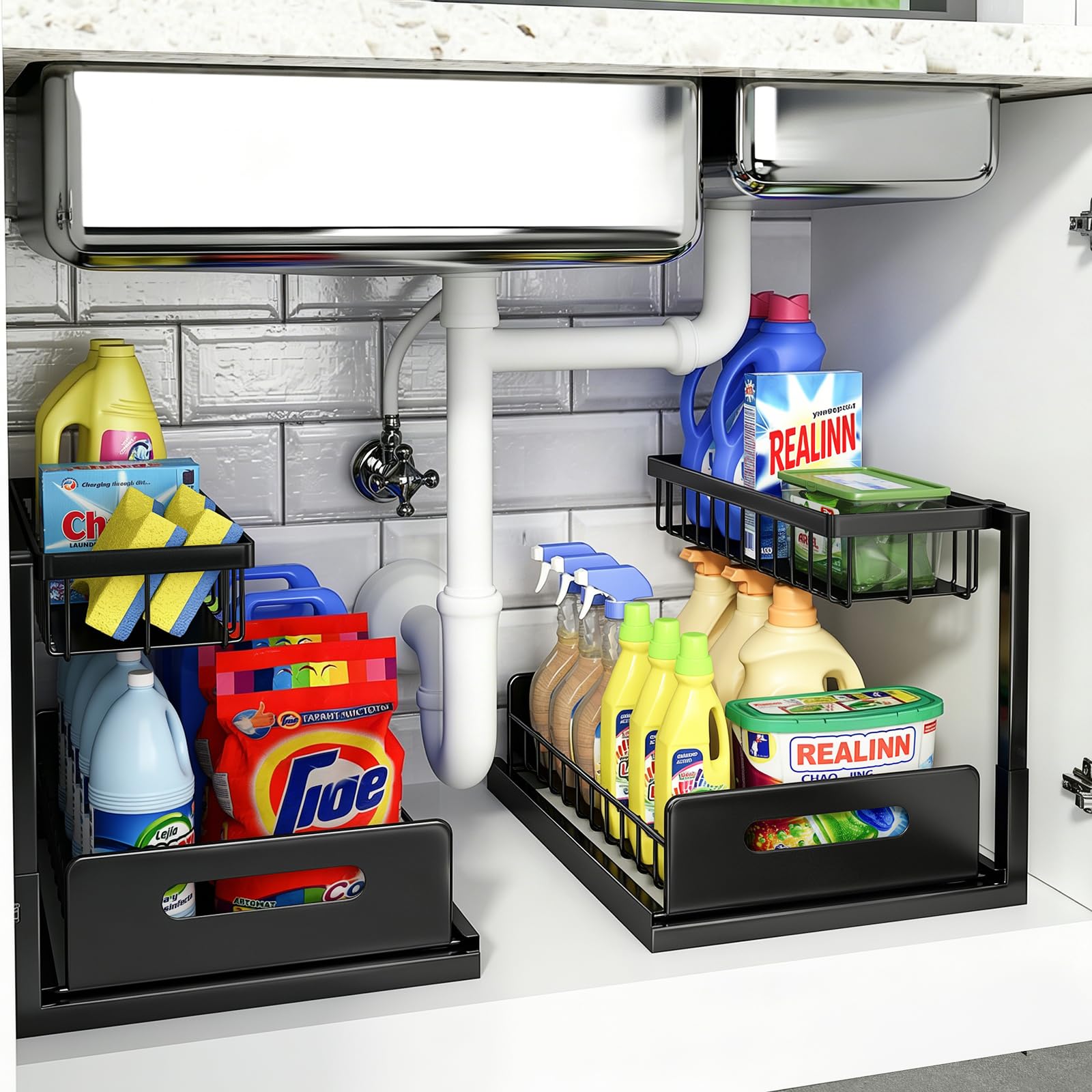 Photo 1 of REALINN Under Sink Organizer, L-Shaped 2 Tier Pull Out Cabinet Organizer for Kitchen and Bathroom, Slide Out Under Cabinet Storage, Metal Under Sink Storage with Sliding Drawer, 50 lbs, Black 2 Pack