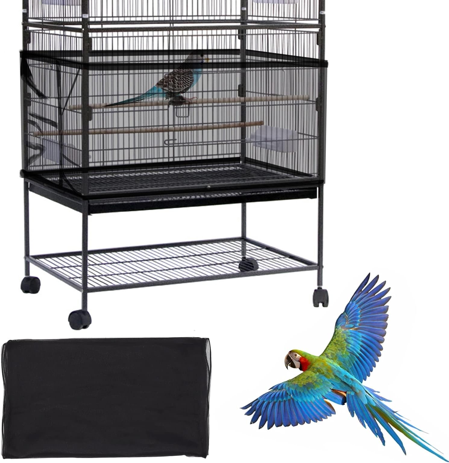 Large Bird Cage Cover, Bird Cage Seed Catcher, Adjustable Soft Airy Nylon Mesh Net, Birdcage Cover Skirt Seed Guard for Parrot Parakeet Macaw African Round Square Cages (Black)