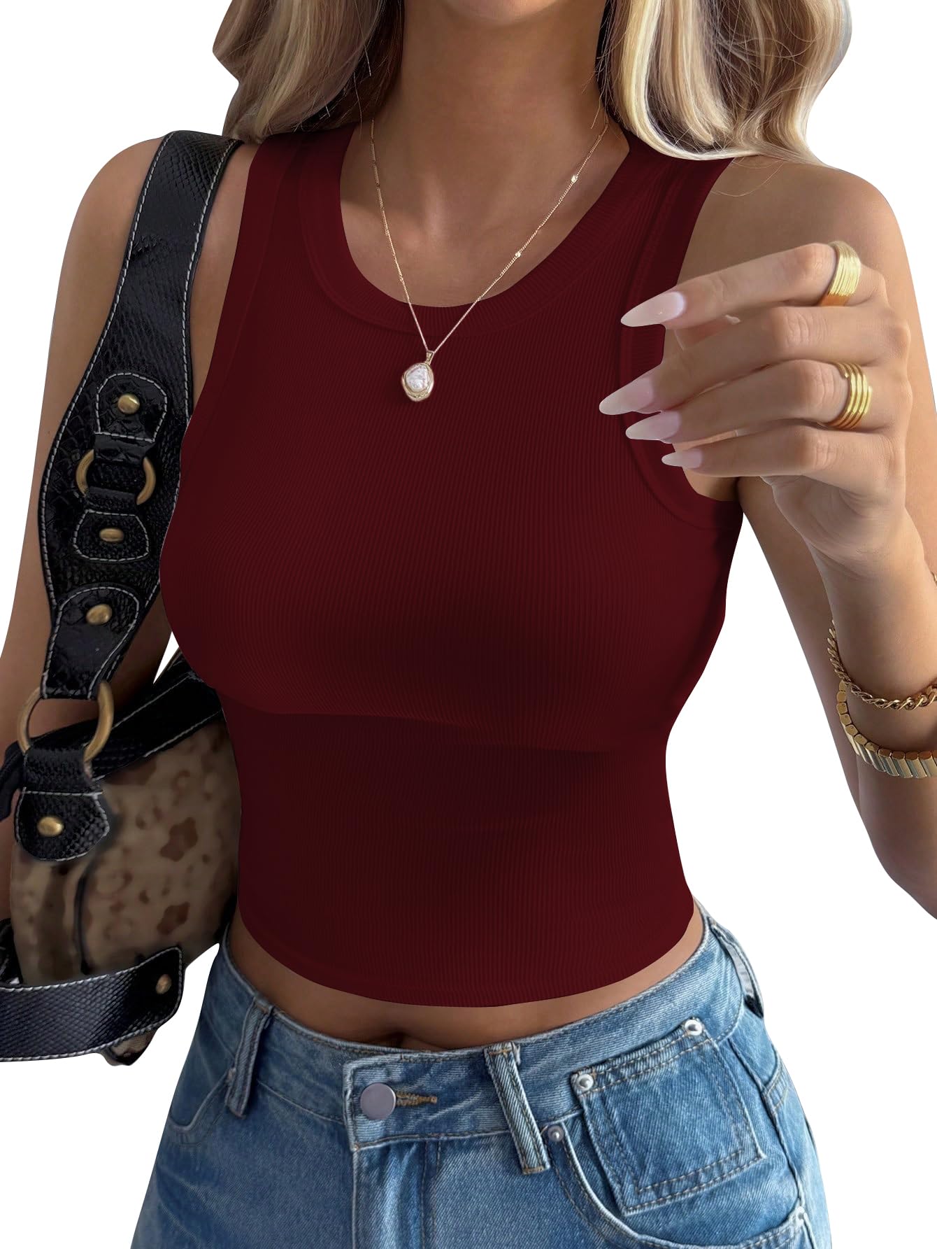 Women’s Ribbed Knit Sleeveless Tank Top – Round Neck Stretchy Fitted Summer, Lightweight Casual Basic Tee for Everyday Wear-image-2