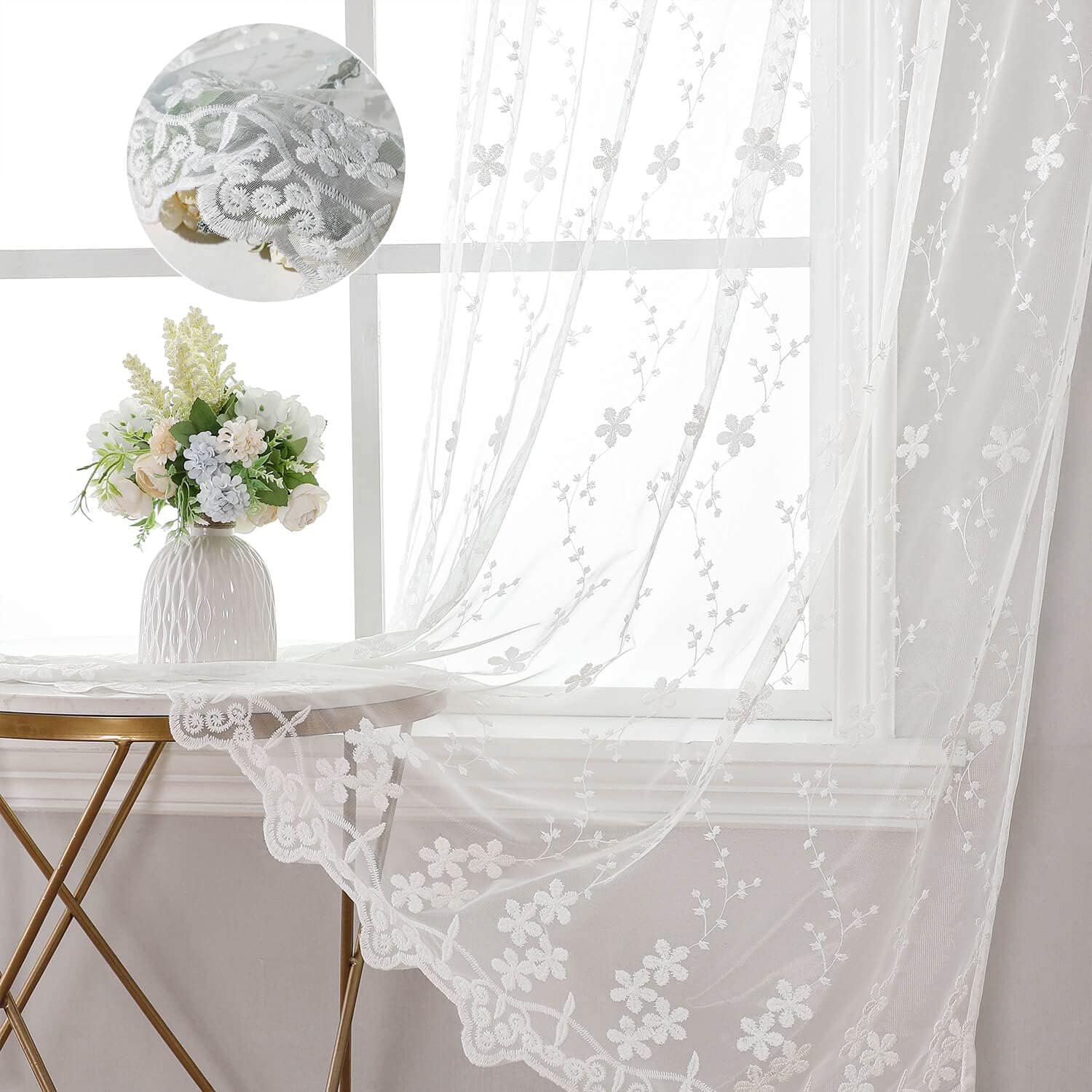 WUBODTI Lace Curtains 63 Inch Length White Floral